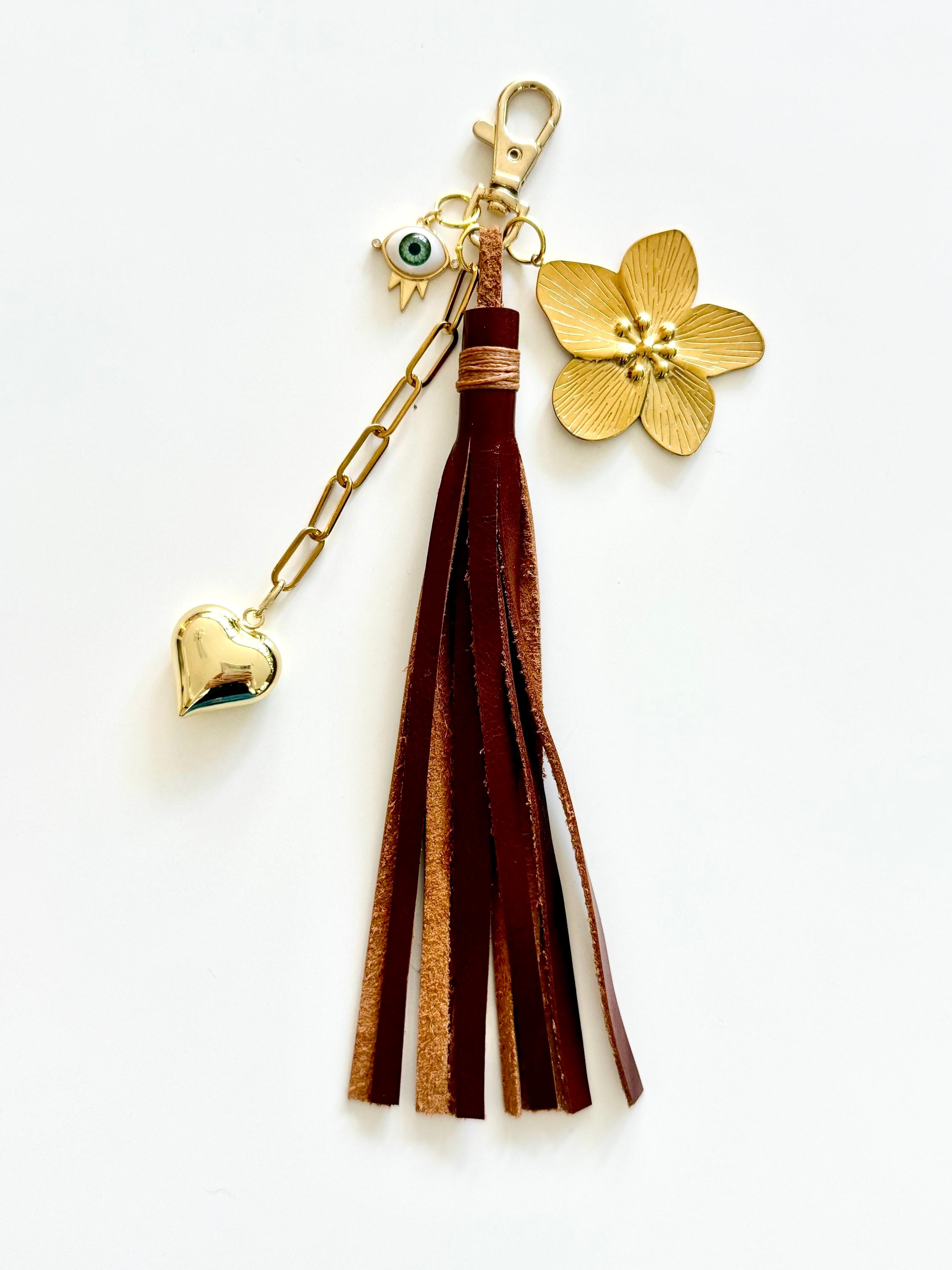Bag Charm with Leather Tassel and Charms - Burgundy