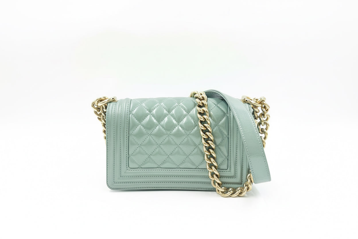 Chanel Iridescent Light Blue Patent Leather Small Boy Bag Pre Owned Authentic