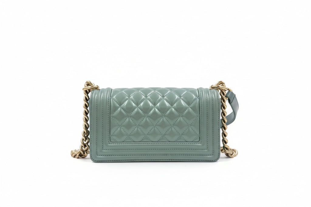 Chanel Iridescent Light Blue Patent Leather Small Boy Bag Pre Owned Authentic