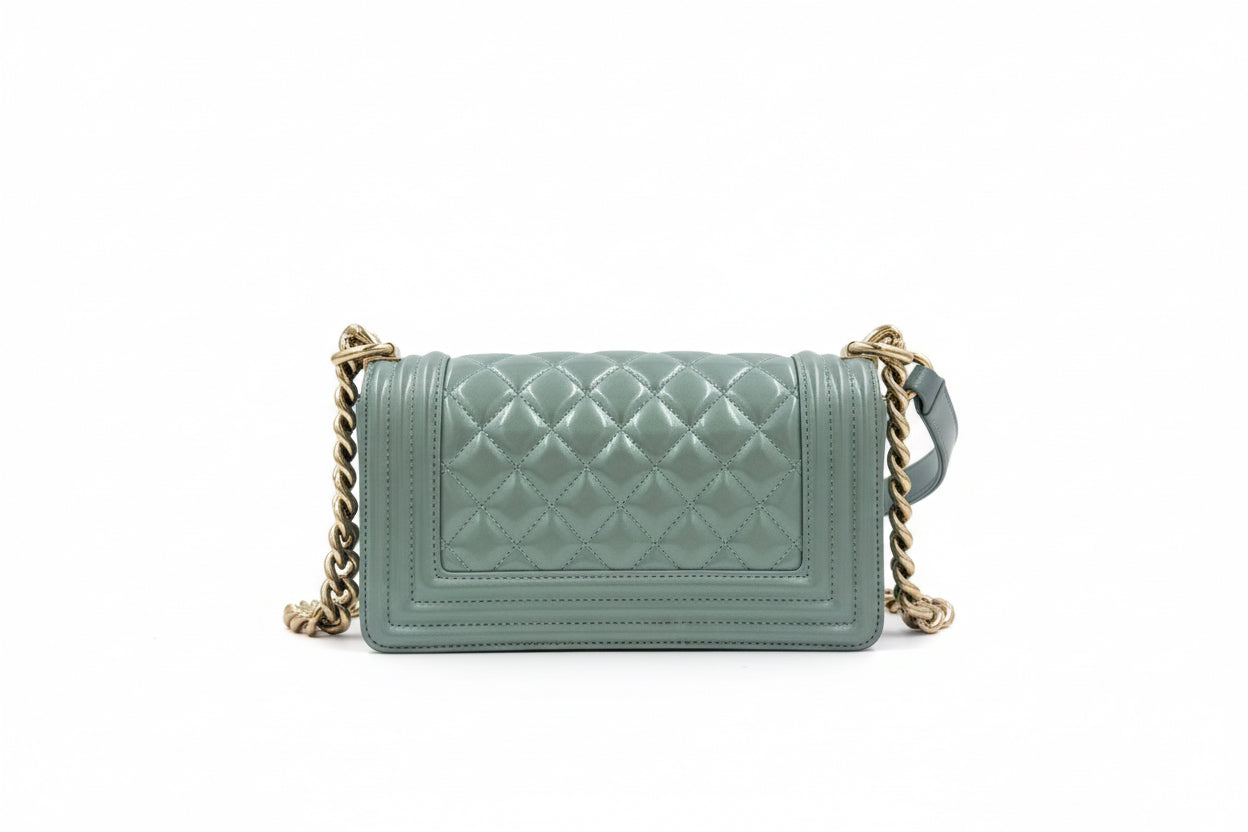 Chanel Iridescent Light Blue Patent Leather Small Boy Bag Pre Owned Authentic