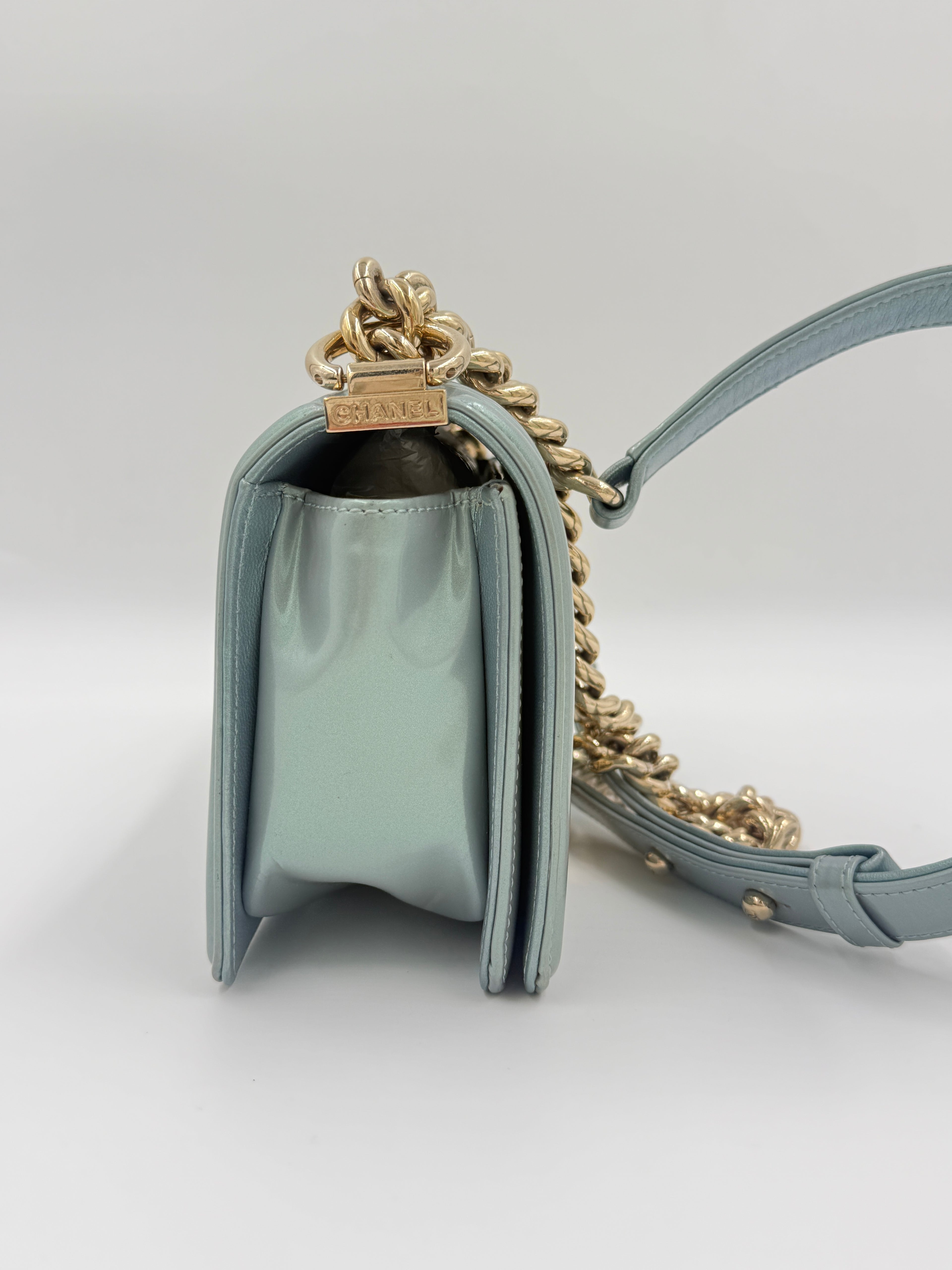 Chanel Iridescent Light Blue Patent Leather Small Boy Bag Pre Owned Authentic