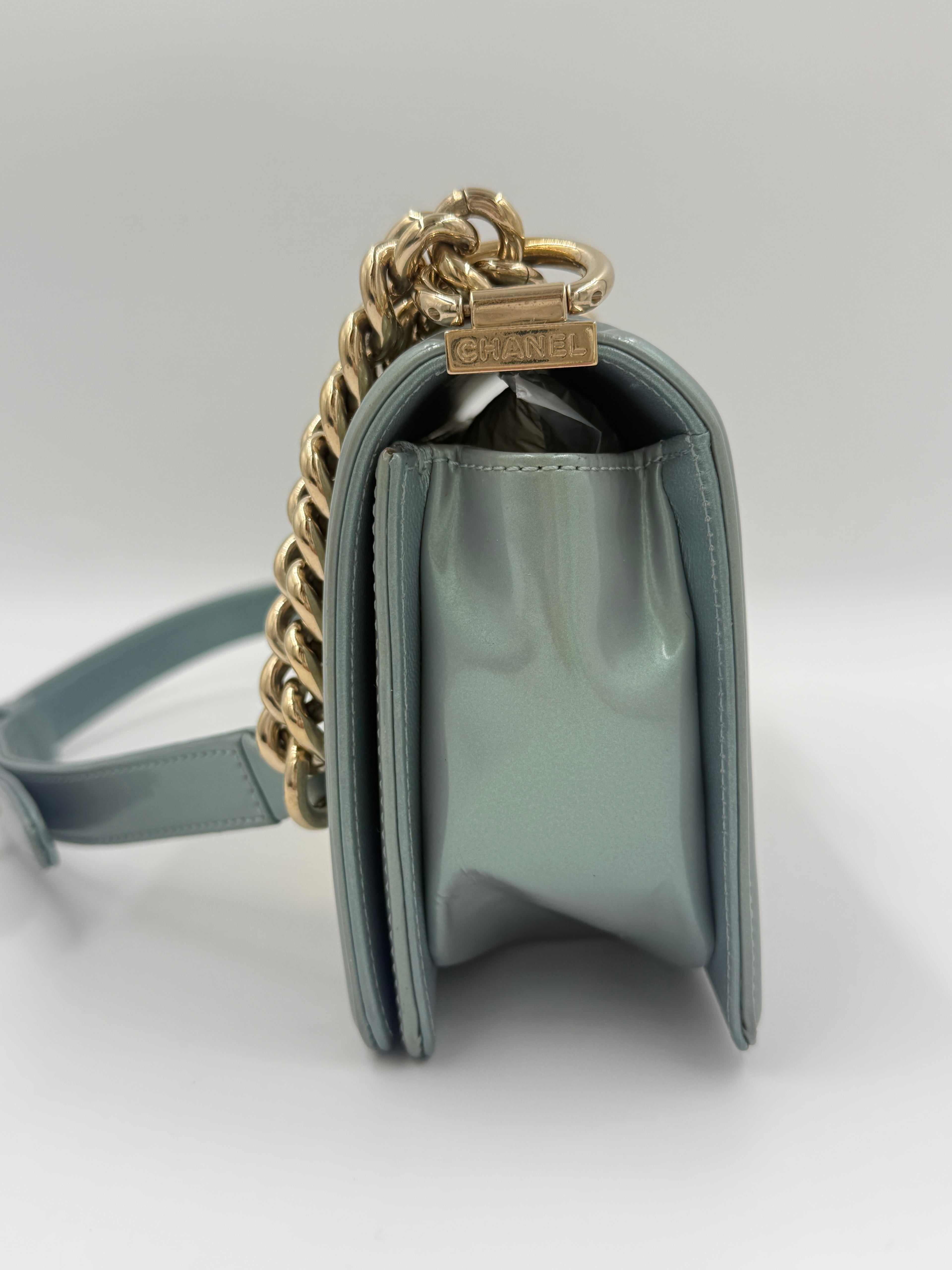 Chanel Iridescent Light Blue Patent Leather Small Boy Bag Pre Owned Authentic