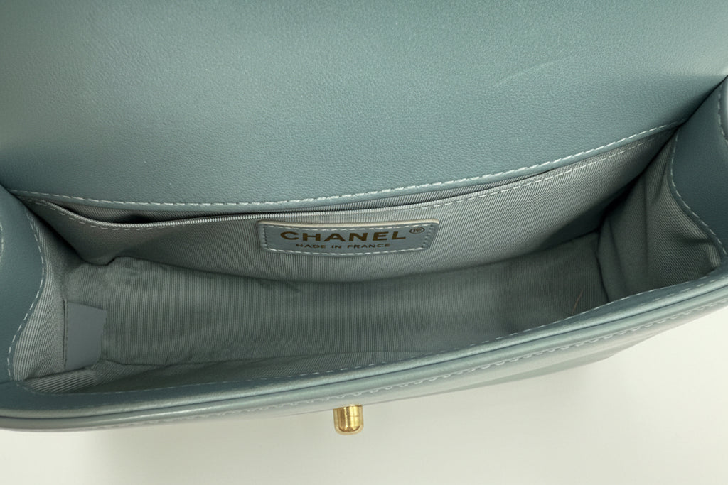 Chanel Iridescent Light Blue Patent Leather Small Boy Bag Pre Owned Authentic