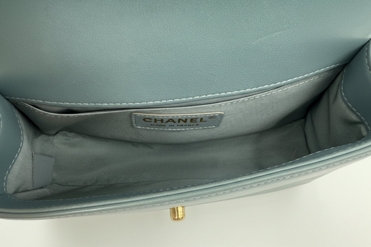 Chanel Iridescent Light Blue Patent Leather Small Boy Bag Pre Owned Authentic