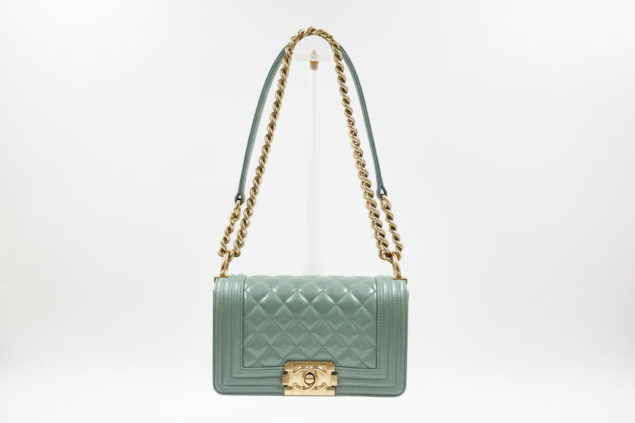 Chanel Iridescent Light Blue Patent Leather Small Boy Bag Pre Owned Authentic