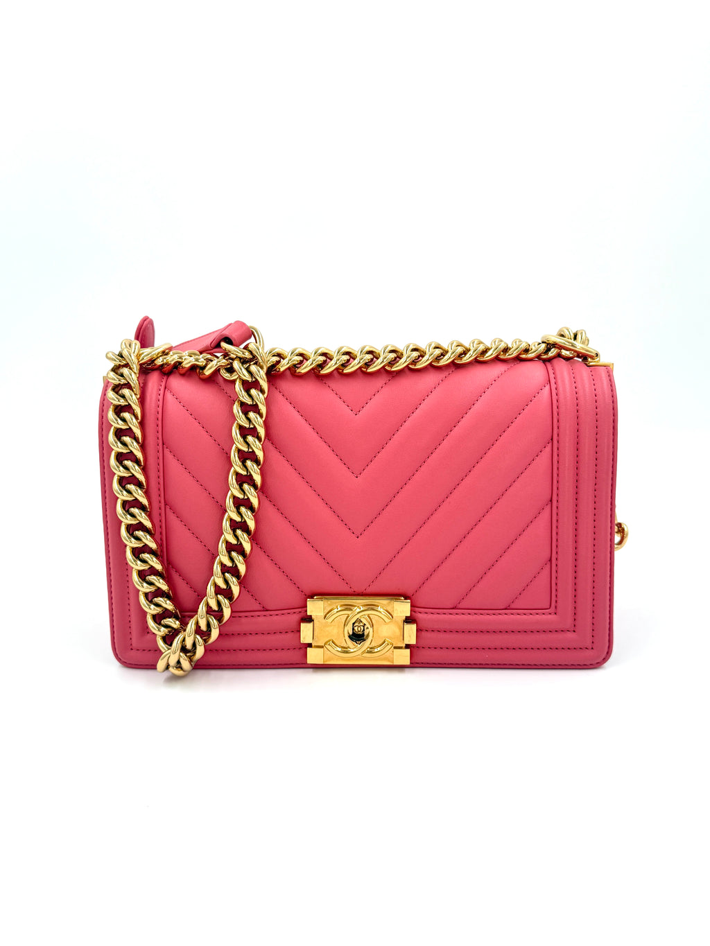 Chanel Coral Pink Chevron Medium Boy Bag Gold Hardware - Pre Owned Authentic