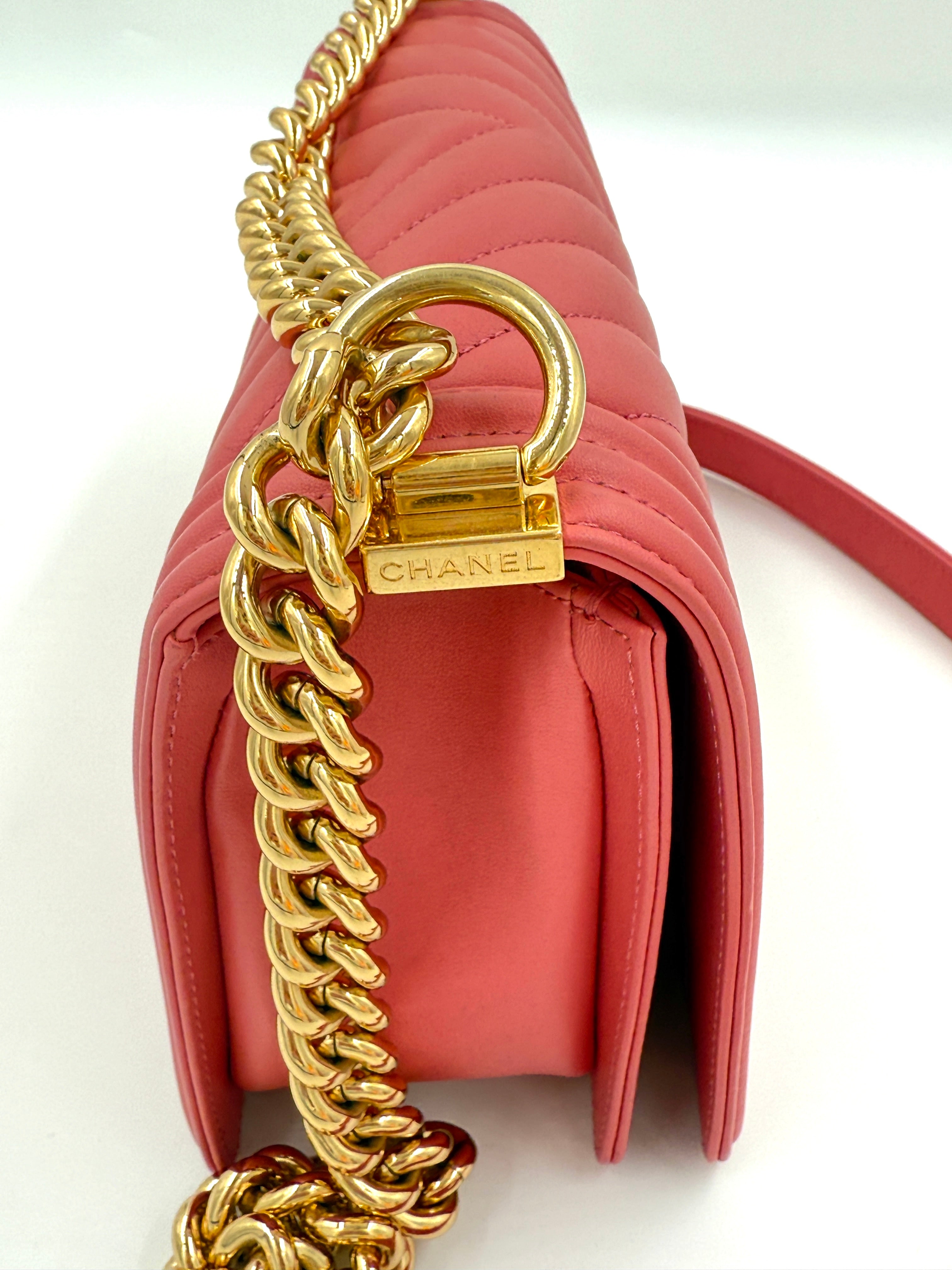 Chanel Coral Pink Chevron Medium Boy Bag Gold Hardware - Pre Owned Authentic
