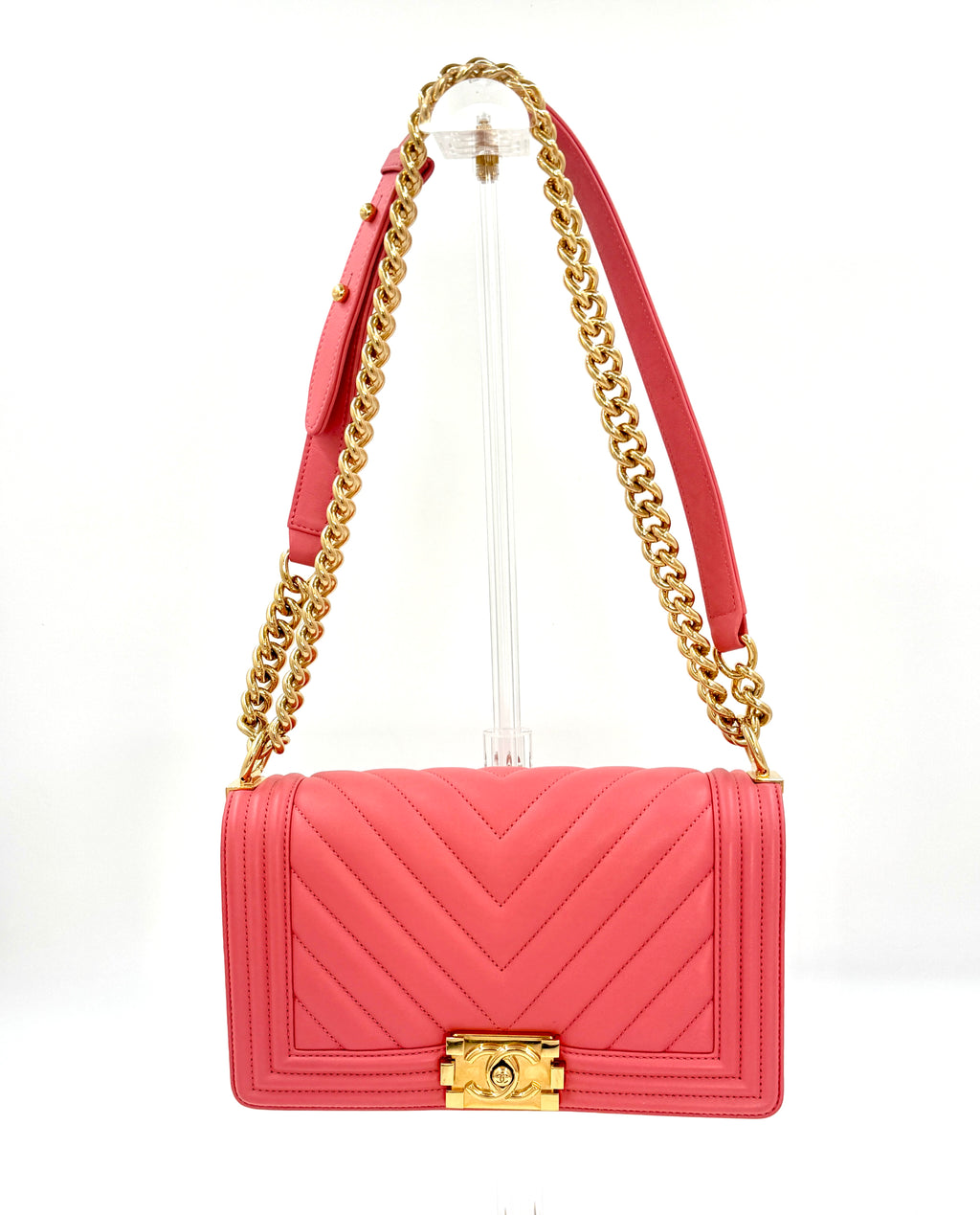 Chanel Coral Pink Chevron Medium Boy Bag Gold Hardware - Pre Owned Authentic