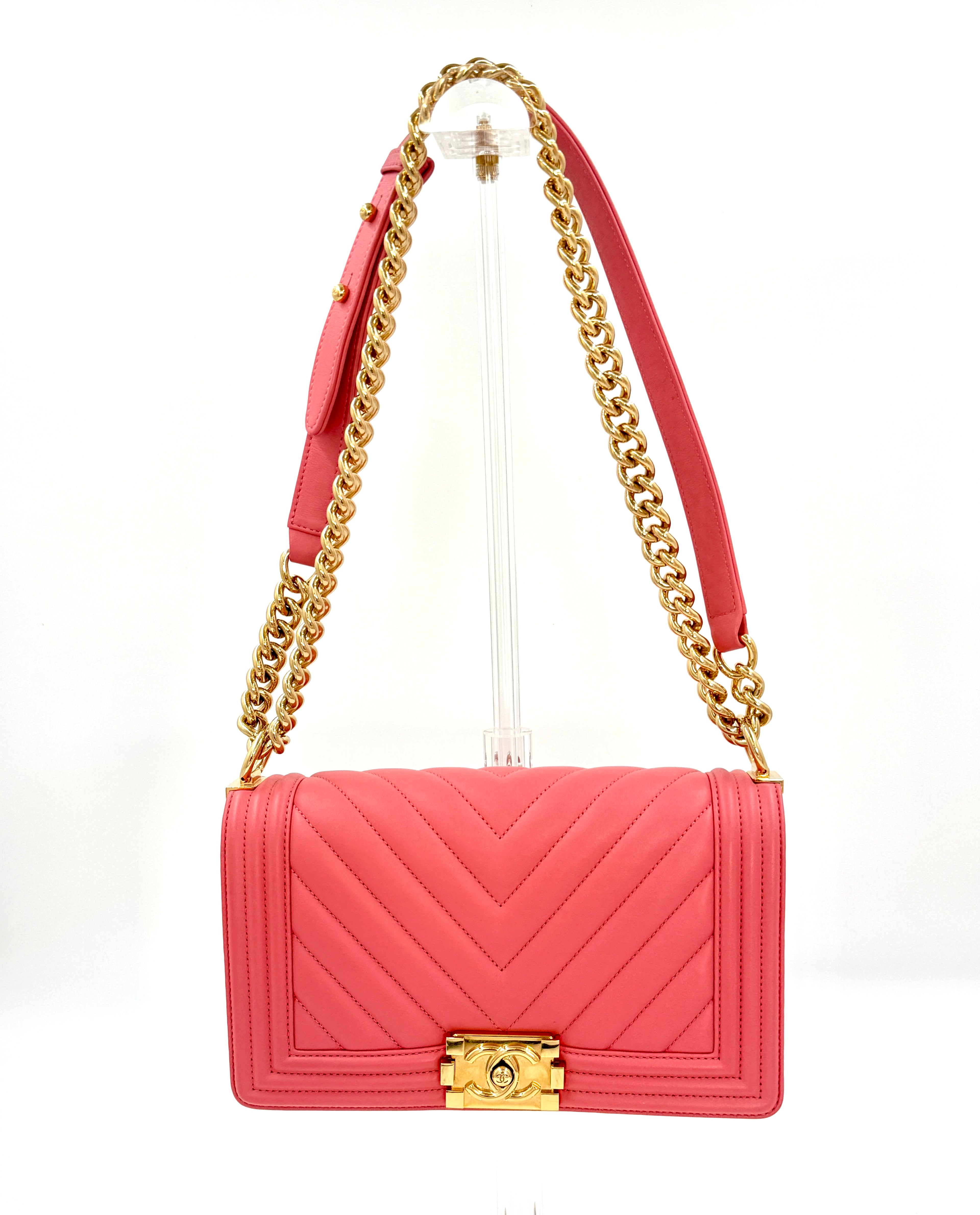 Chanel Coral Pink Chevron Medium Boy Bag Gold Hardware - Pre Owned Authentic