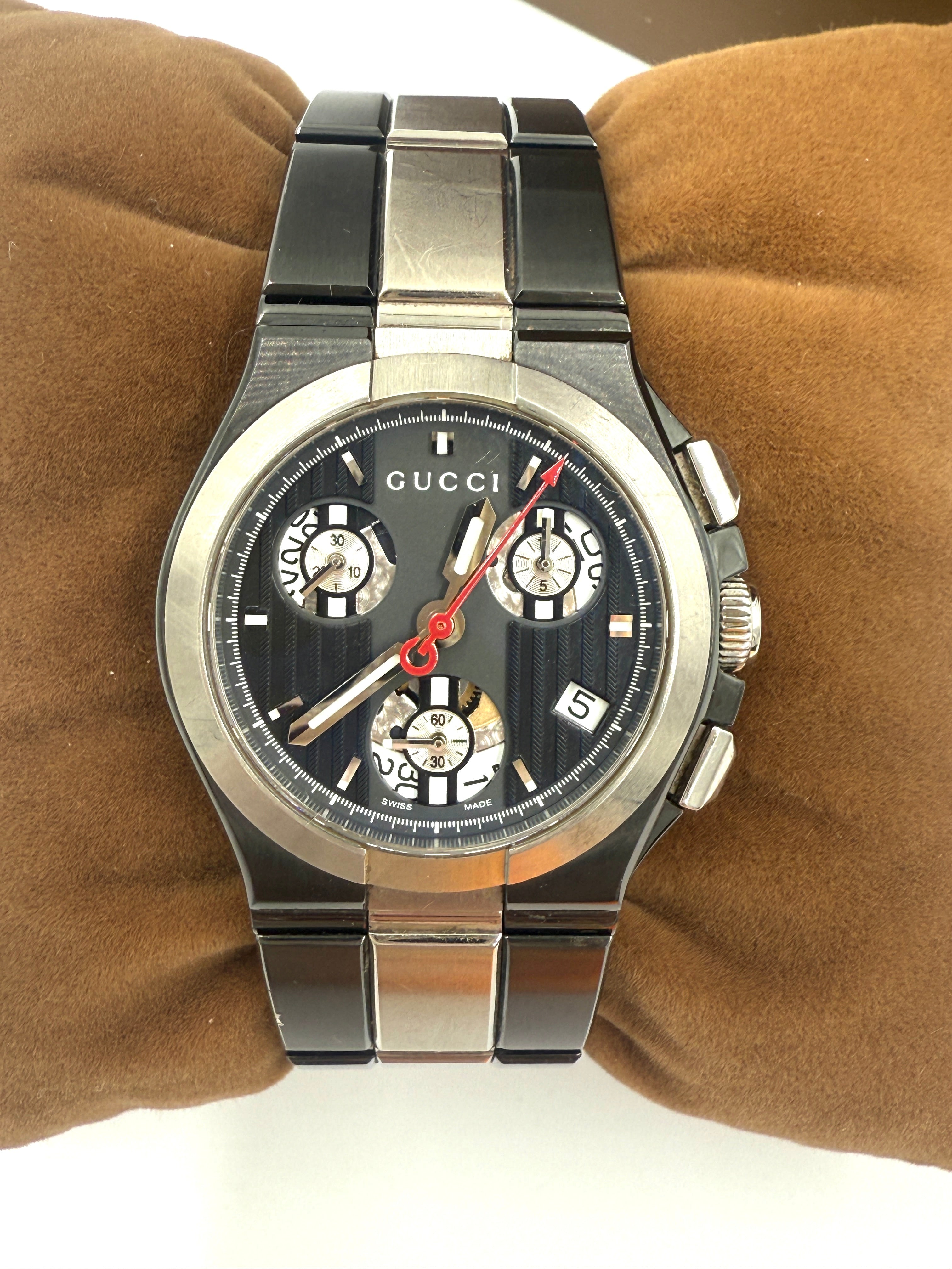 Gucci Chrono Watch, Titanium Case, Titanium Bracelet, Battery Powered Swiss Quartz Movement - Pre Owned Authentic