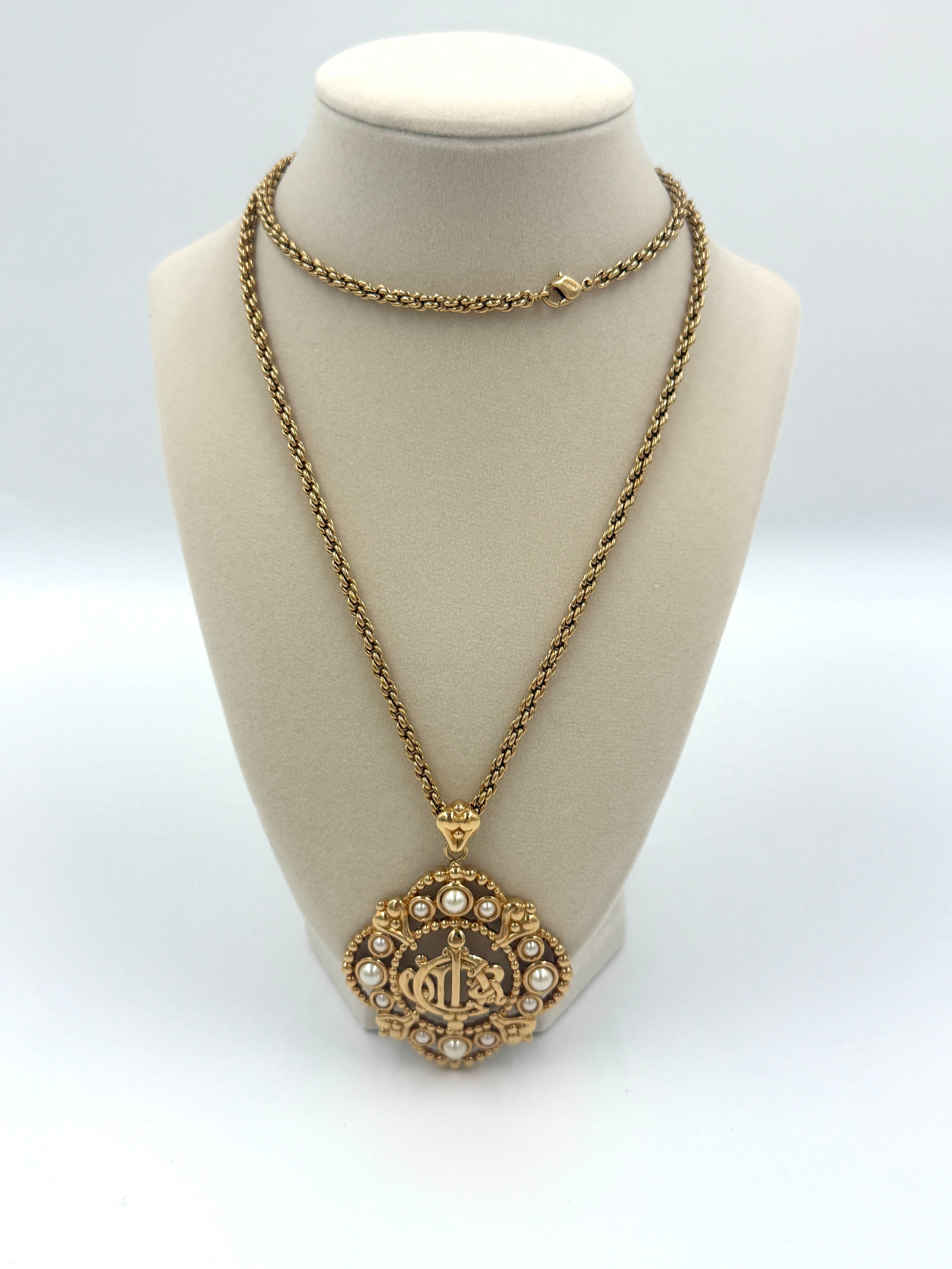 Vintage CHRISTIAN DIOR Logo Insignia Pearl Medallion Necklace - Pre Owned Authentic