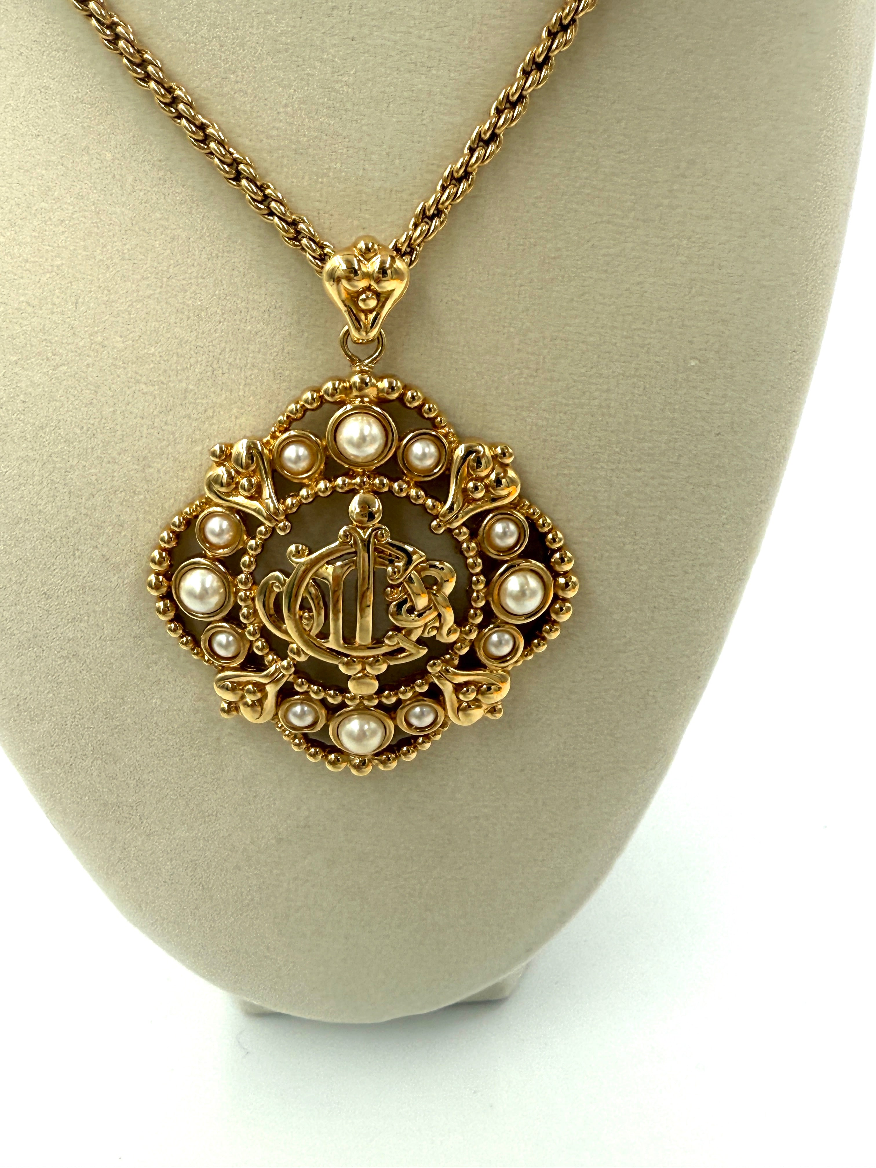 Vintage CHRISTIAN DIOR Logo Insignia Pearl Medallion Necklace - Pre Owned Authentic