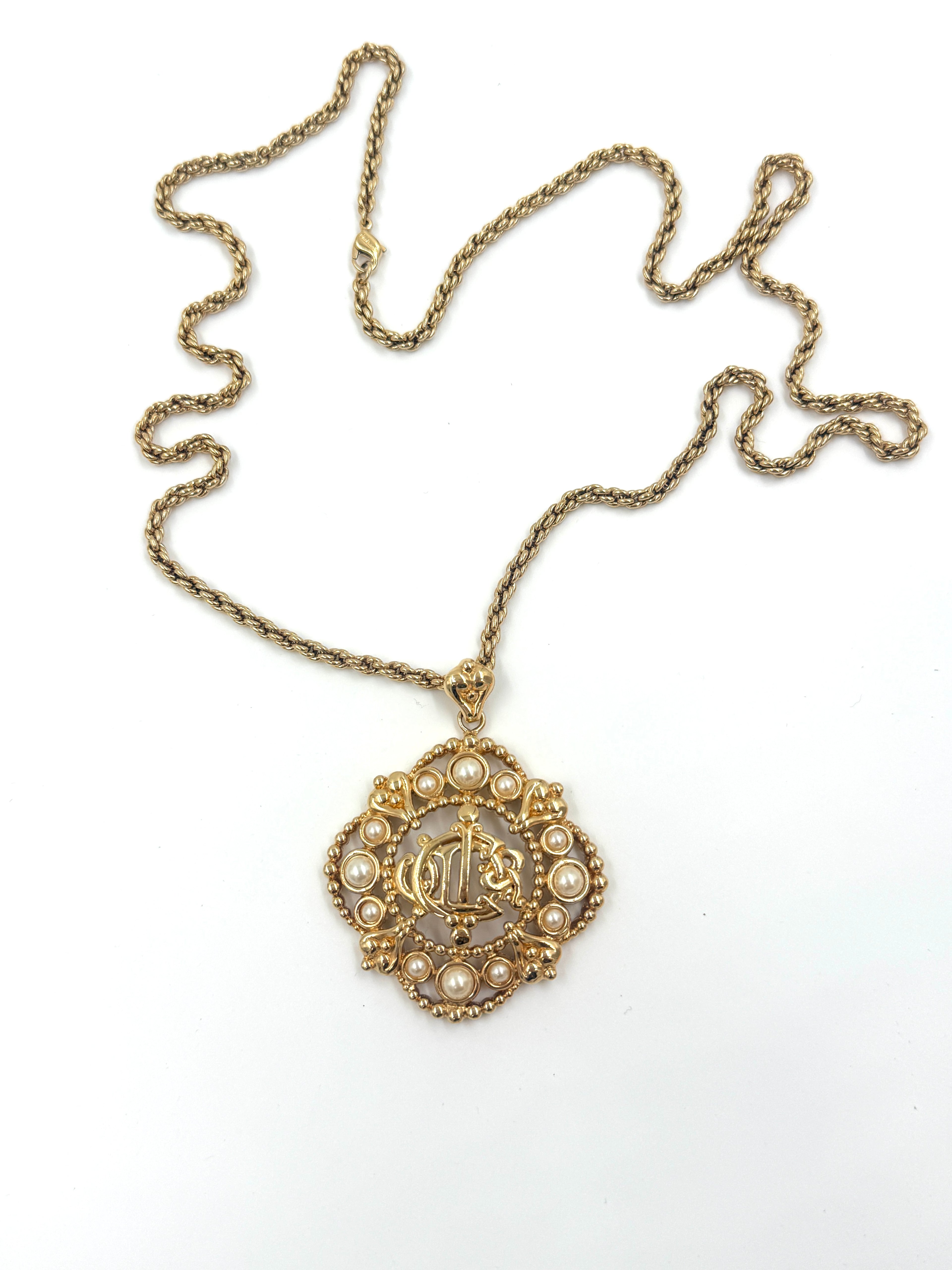 Vintage CHRISTIAN DIOR Logo Insignia Pearl Medallion Necklace - Pre Owned Authentic