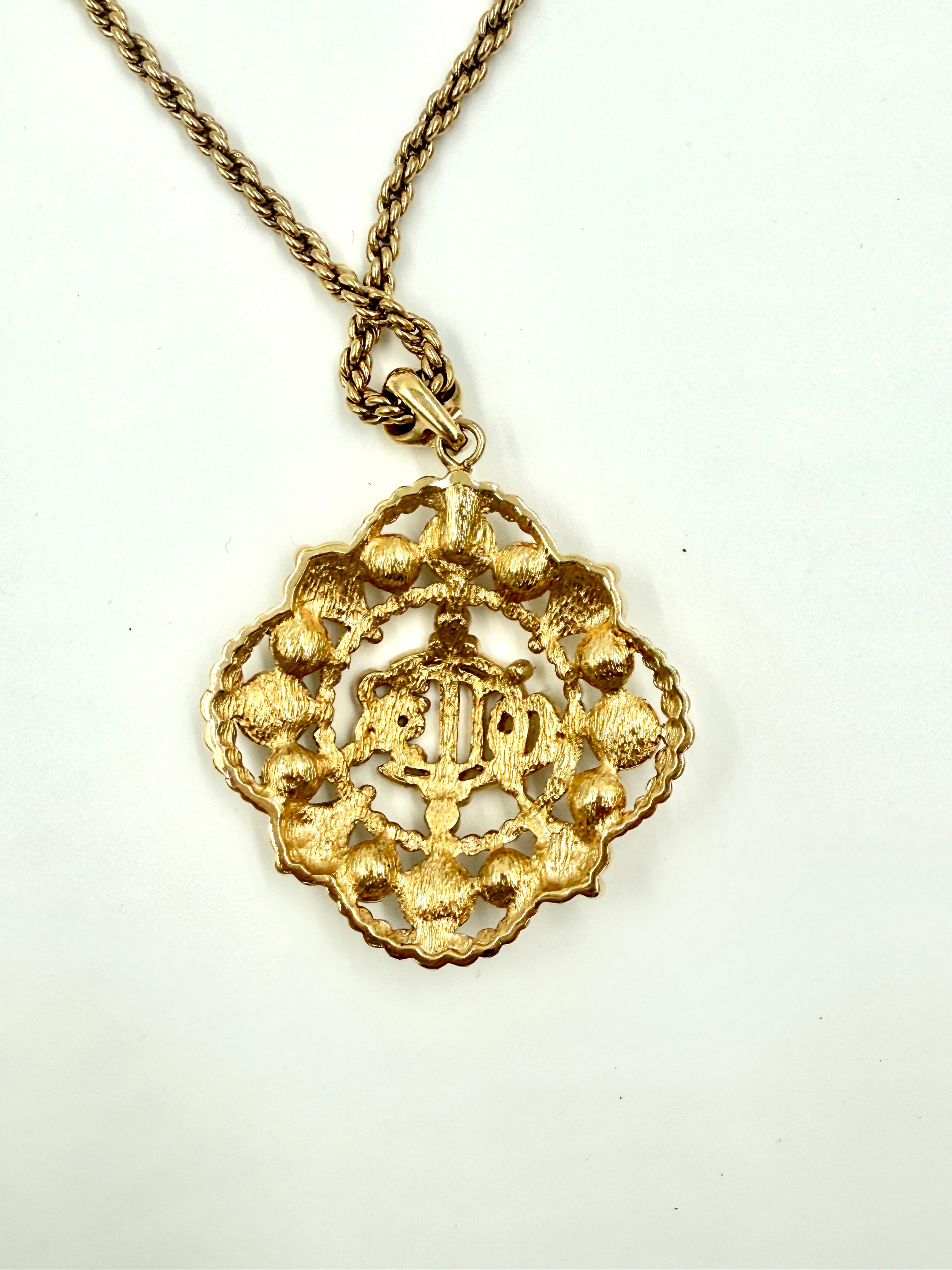 Vintage CHRISTIAN DIOR Logo Insignia Pearl Medallion Necklace - Pre Owned Authentic