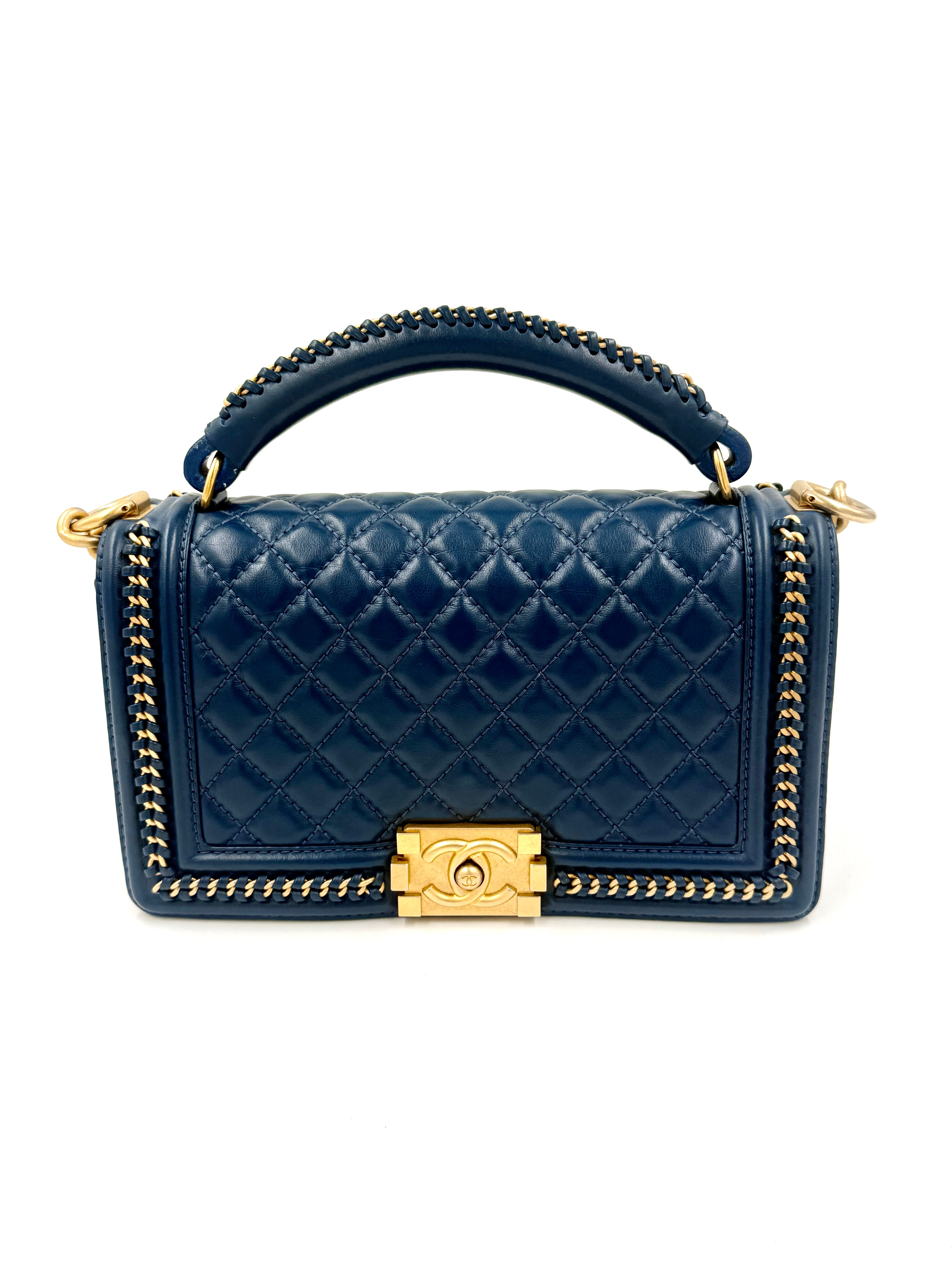 Chanel Calfskin Medium Chain Around Top Handle Boy Bag Blue - Pre Owned Authentic