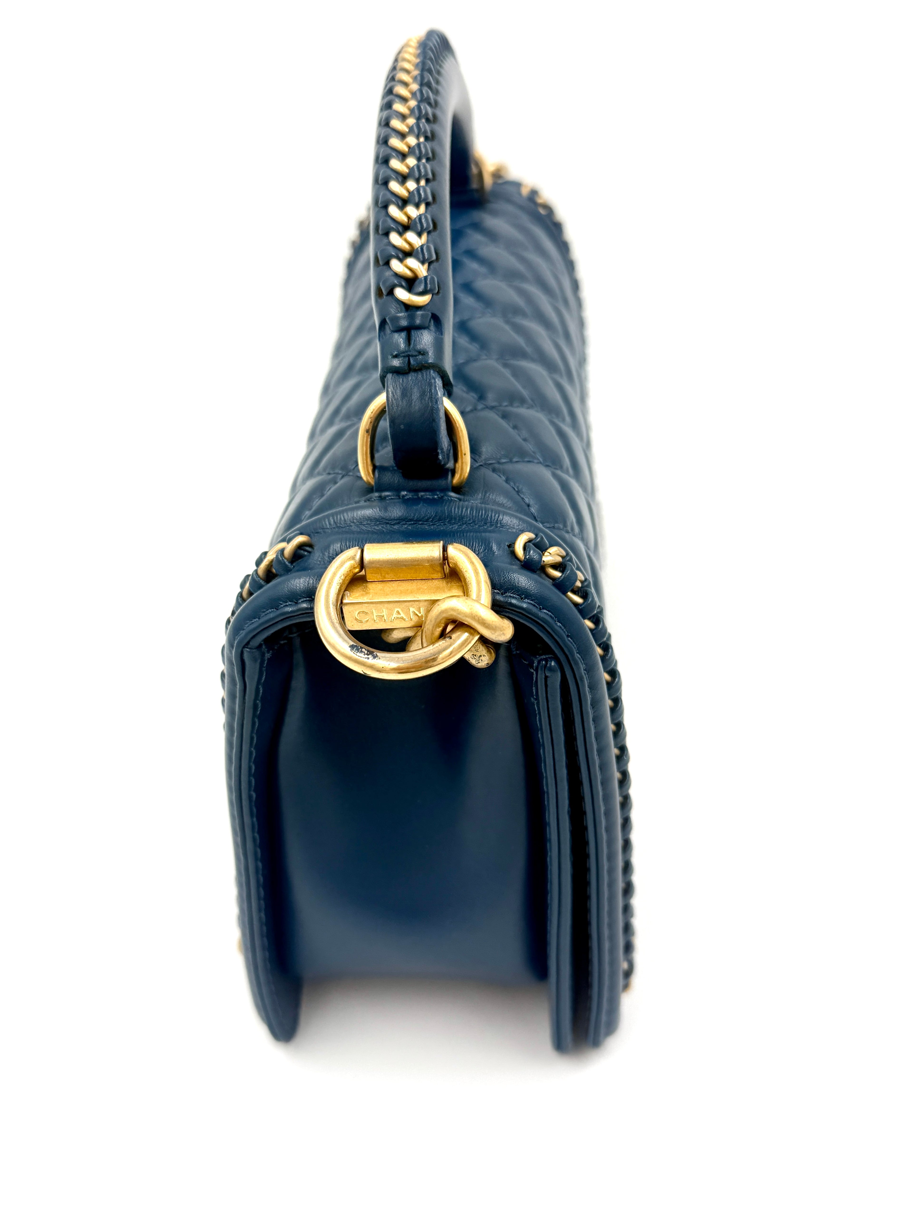 Chanel Calfskin Medium Chain Around Top Handle Boy Bag Blue - Pre Owned Authentic