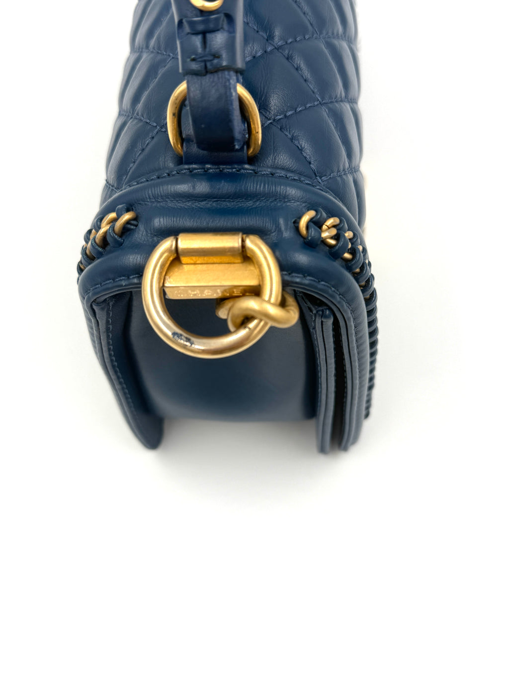 Chanel Calfskin Medium Chain Around Top Handle Boy Bag Blue - Pre Owned Authentic