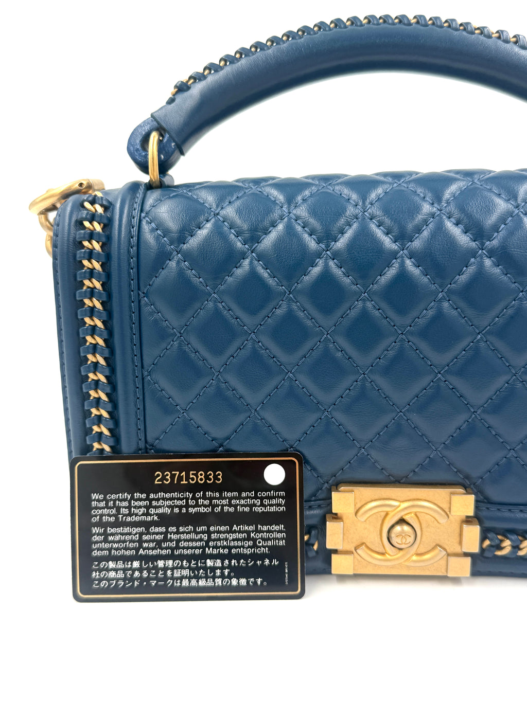 Chanel Calfskin Medium Chain Around Top Handle Boy Bag Blue - Pre Owned Authentic