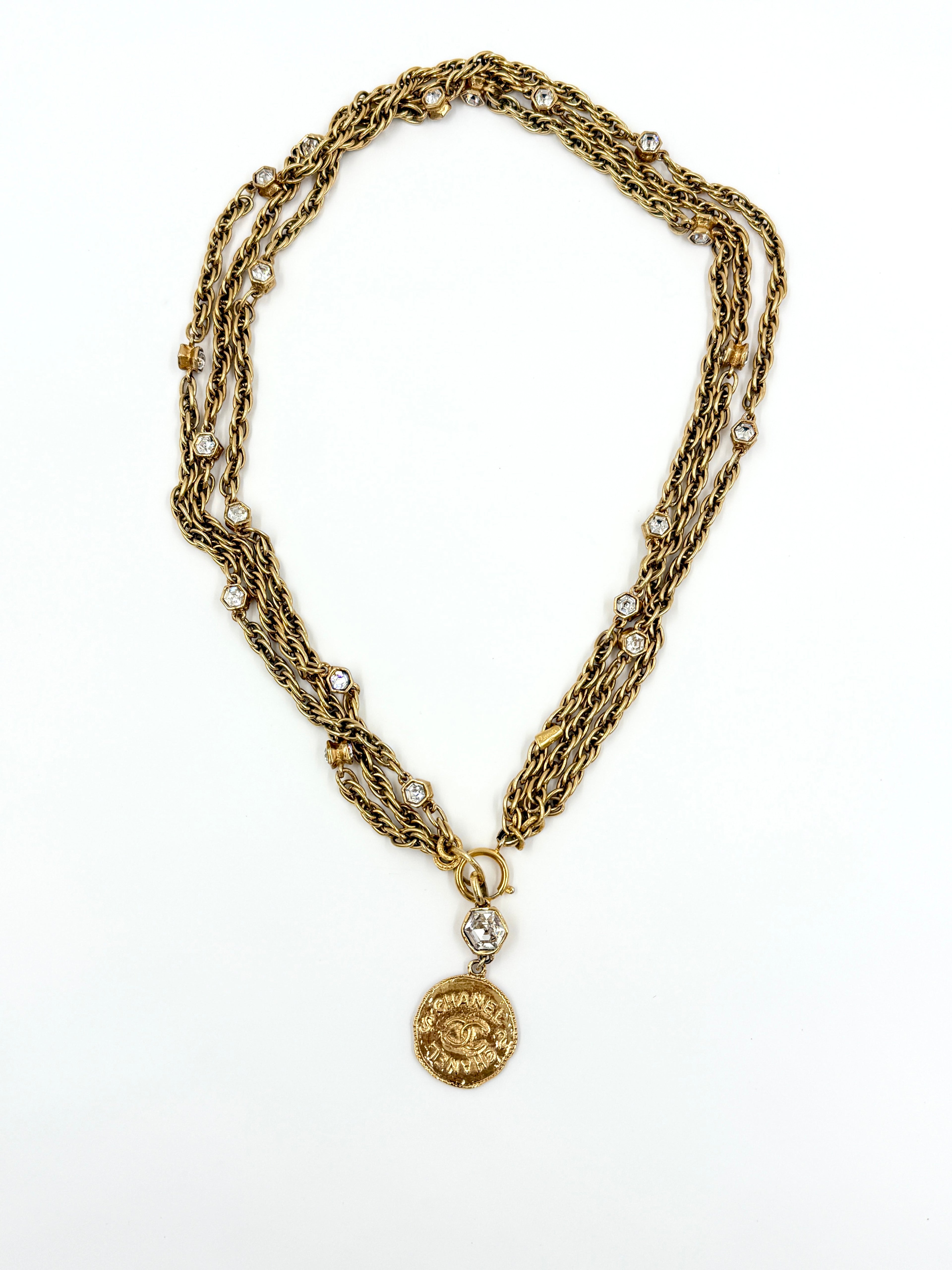 Chanel Multi Strand Chain with Crystals and Gold Medallion 24k Gold Plated Vintage - Pre Owned Authentic
