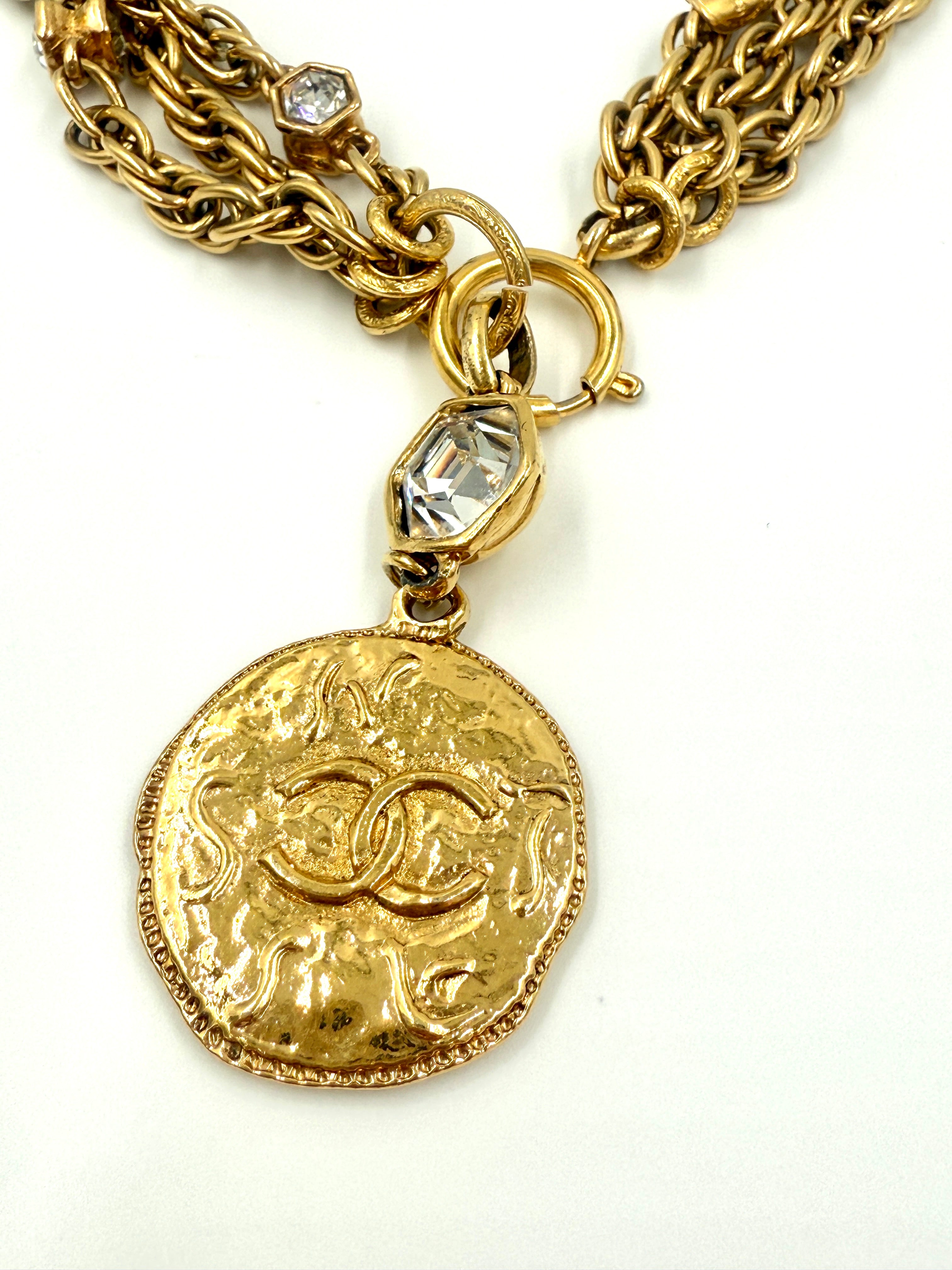 Chanel Multi Strand Chain with Crystals and Gold Medallion 24k Gold Plated Vintage - Pre Owned Authentic