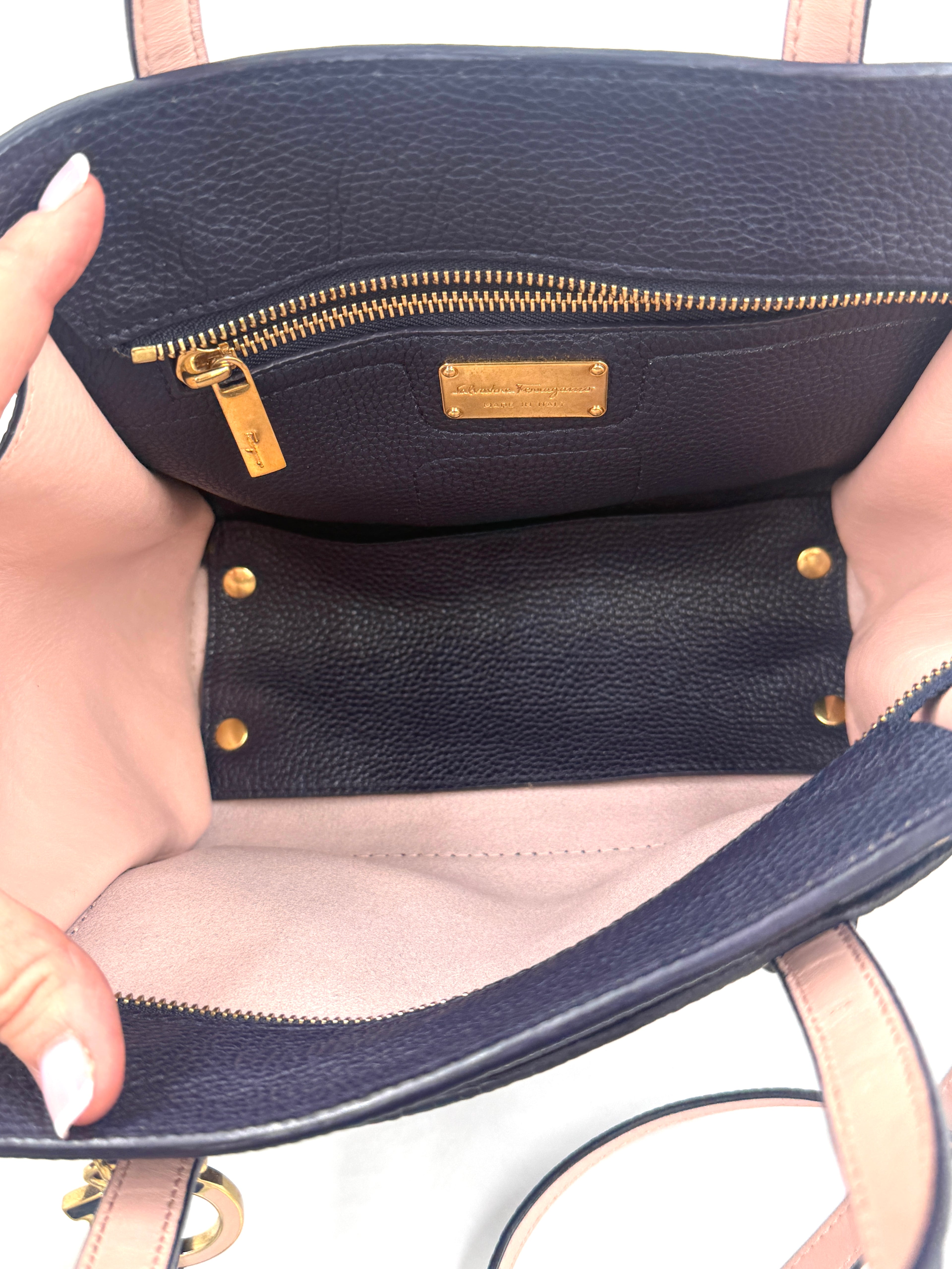 Salvatore Ferragamo Navy Blue AMY Tote with Detachable Crossbody Strap - Pre Owned Authentic