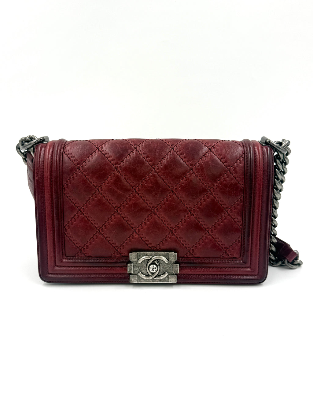 Chanel Boy Bag Old Medium Burgundy Distressed Calfskin Ruthenium Hardware - Pre Owned Authentic