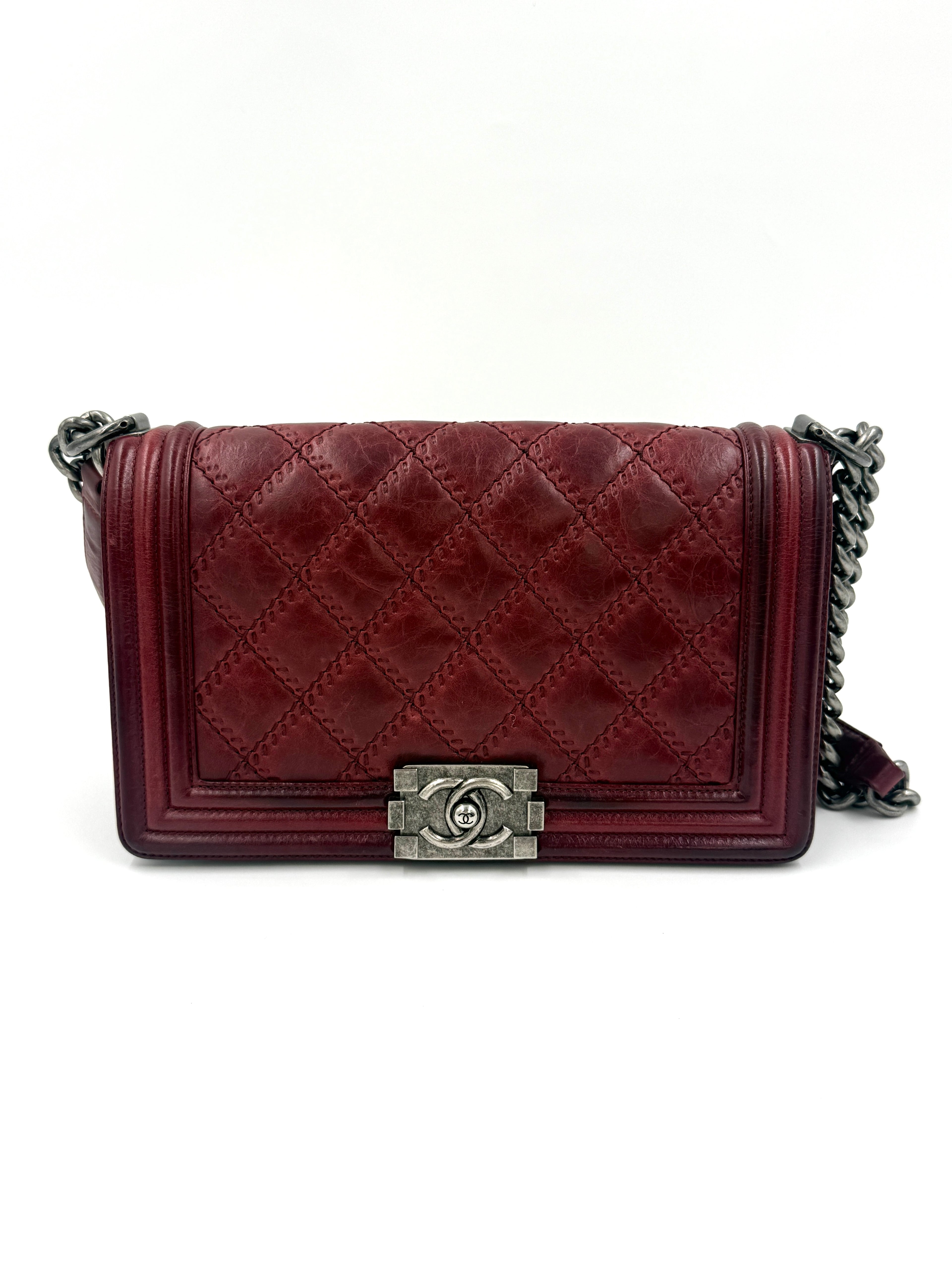 Chanel Boy Bag Old Medium Burgundy Distressed Calfskin Ruthenium Hardware - Pre Owned Authentic