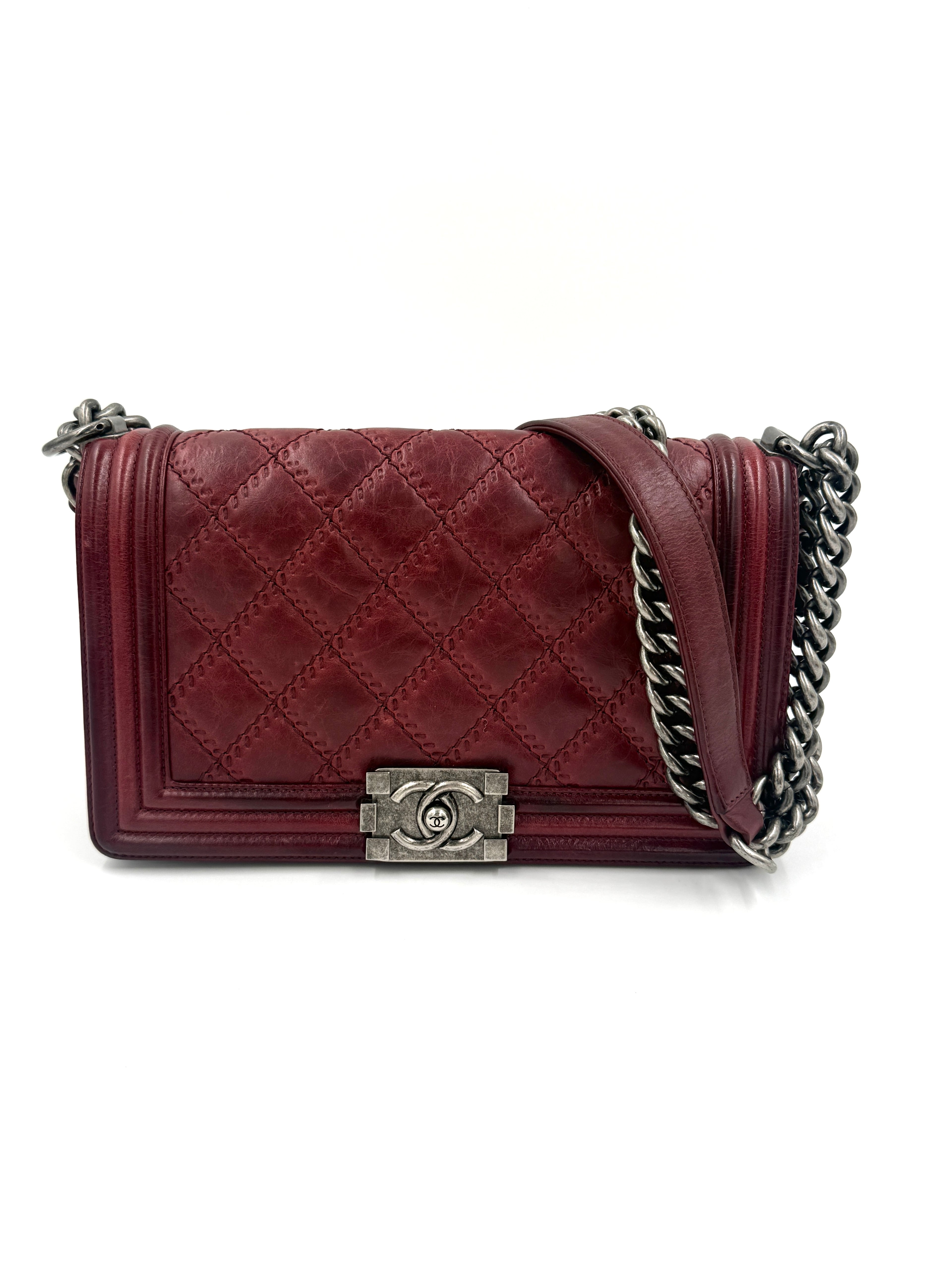 Chanel Boy Bag Old Medium Burgundy Distressed Calfskin Ruthenium Hardware - Pre Owned Authentic