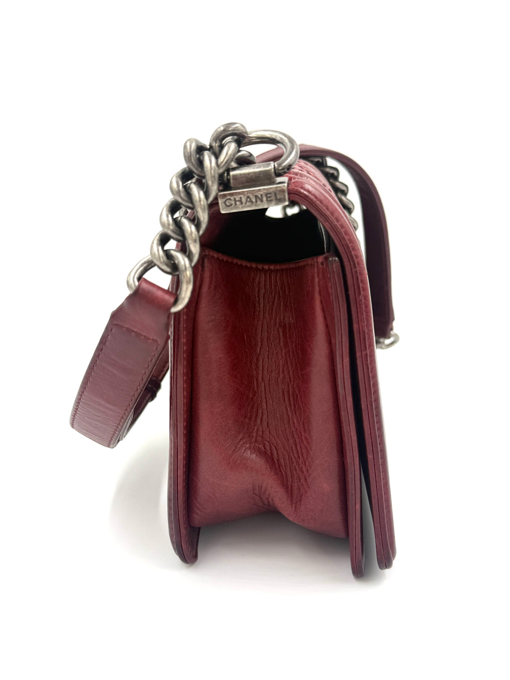 Chanel Boy Bag Old Medium Burgundy Distressed Calfskin Ruthenium Hardware - Pre Owned Authentic
