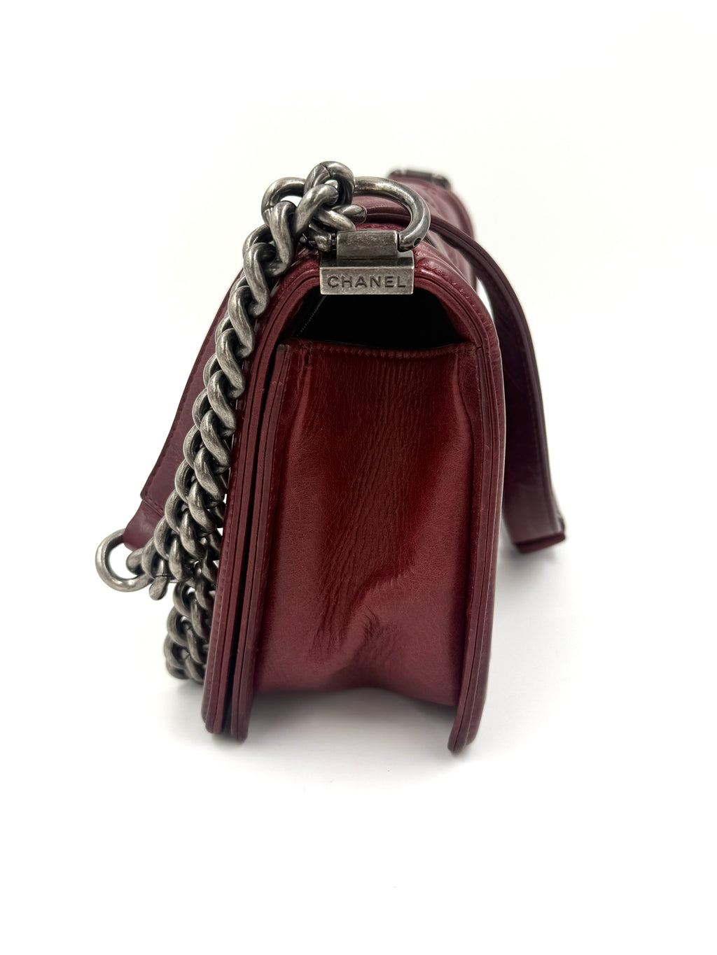 Chanel Boy Bag Old Medium Burgundy Distressed Calfskin Ruthenium Hardware - Pre Owned Authentic