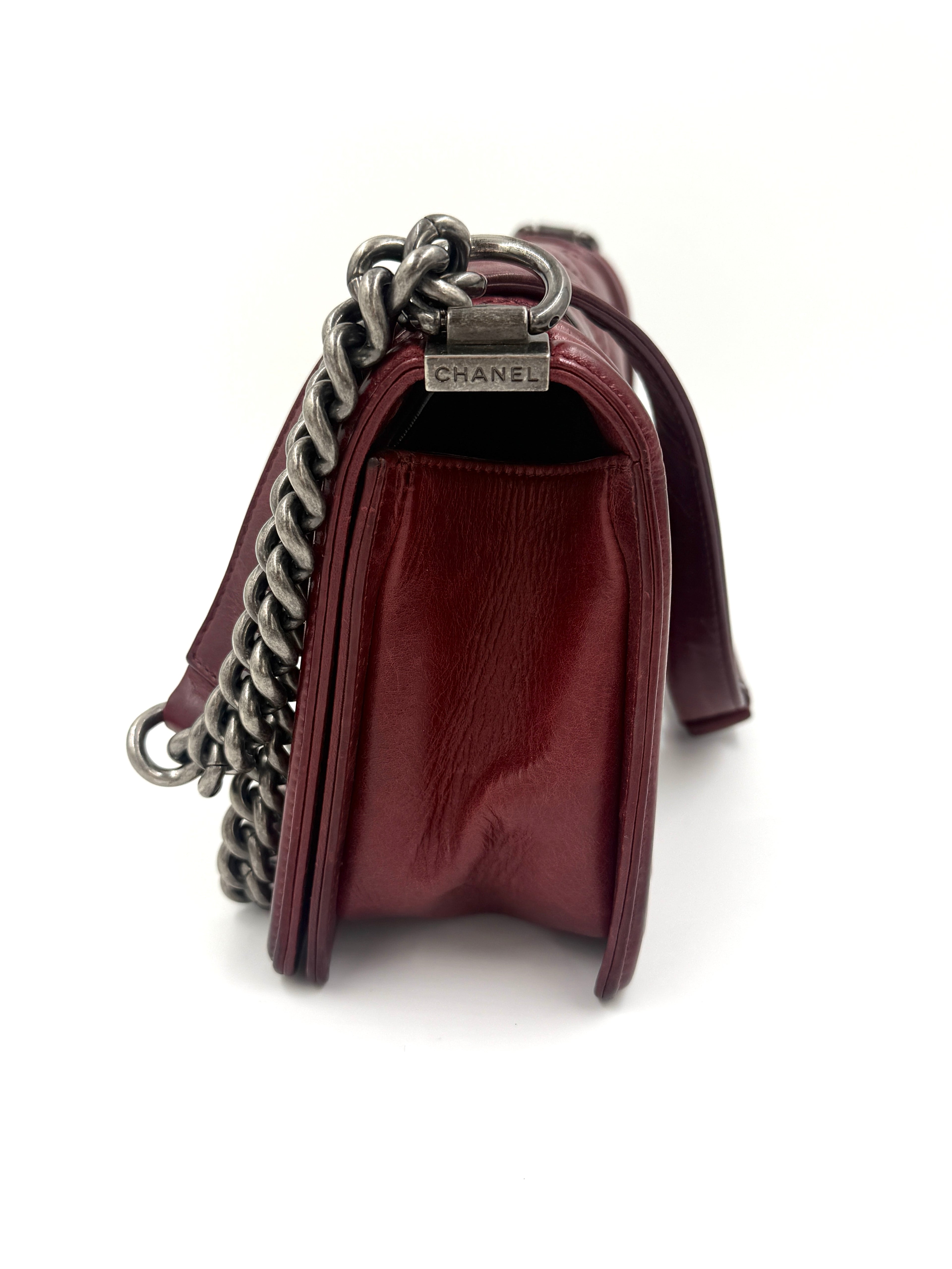 Chanel Boy Bag Old Medium Burgundy Distressed Calfskin Ruthenium Hardware - Pre Owned Authentic