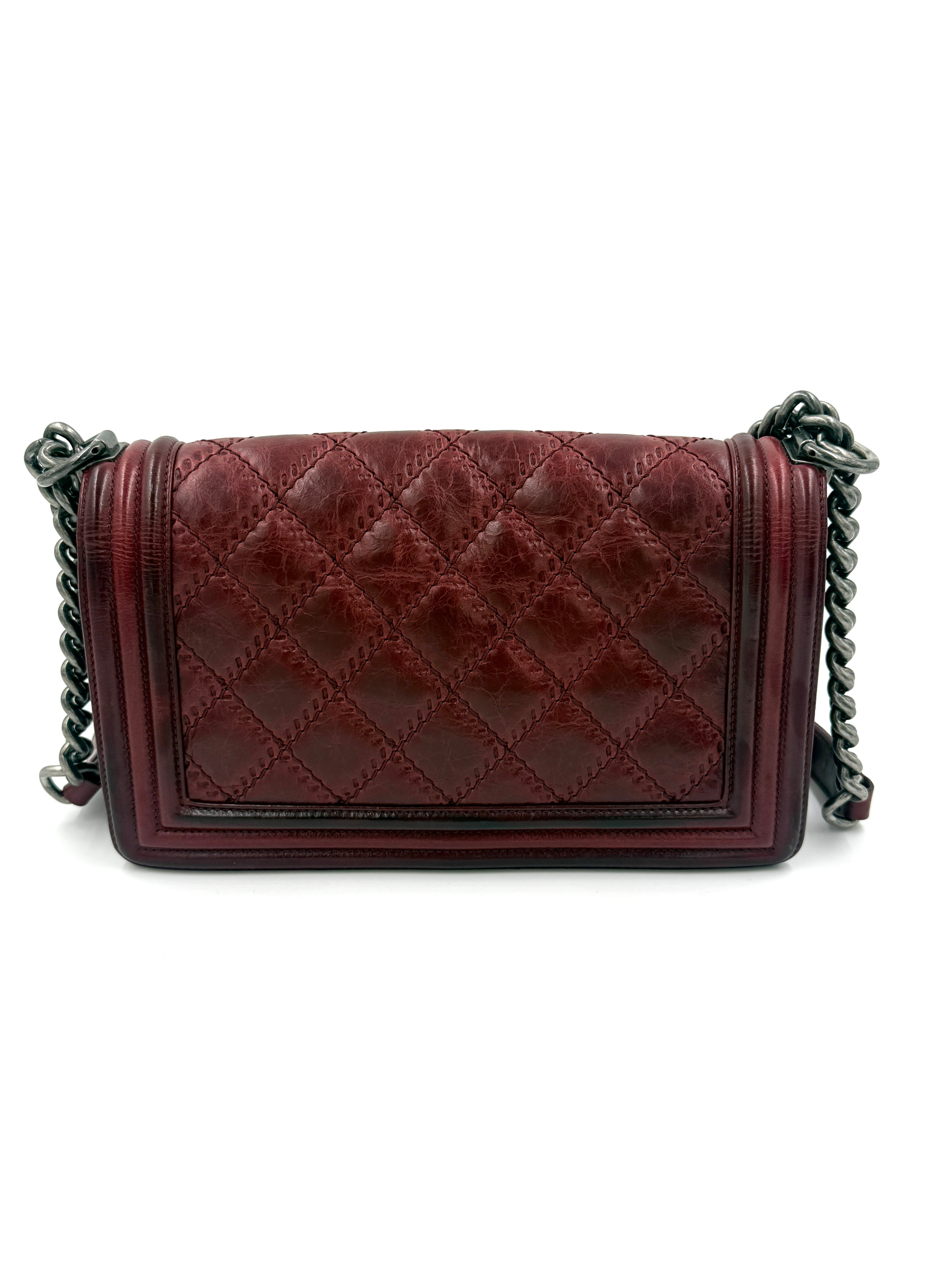 Chanel Boy Bag Old Medium Burgundy Distressed Calfskin Ruthenium Hardware - Pre Owned Authentic