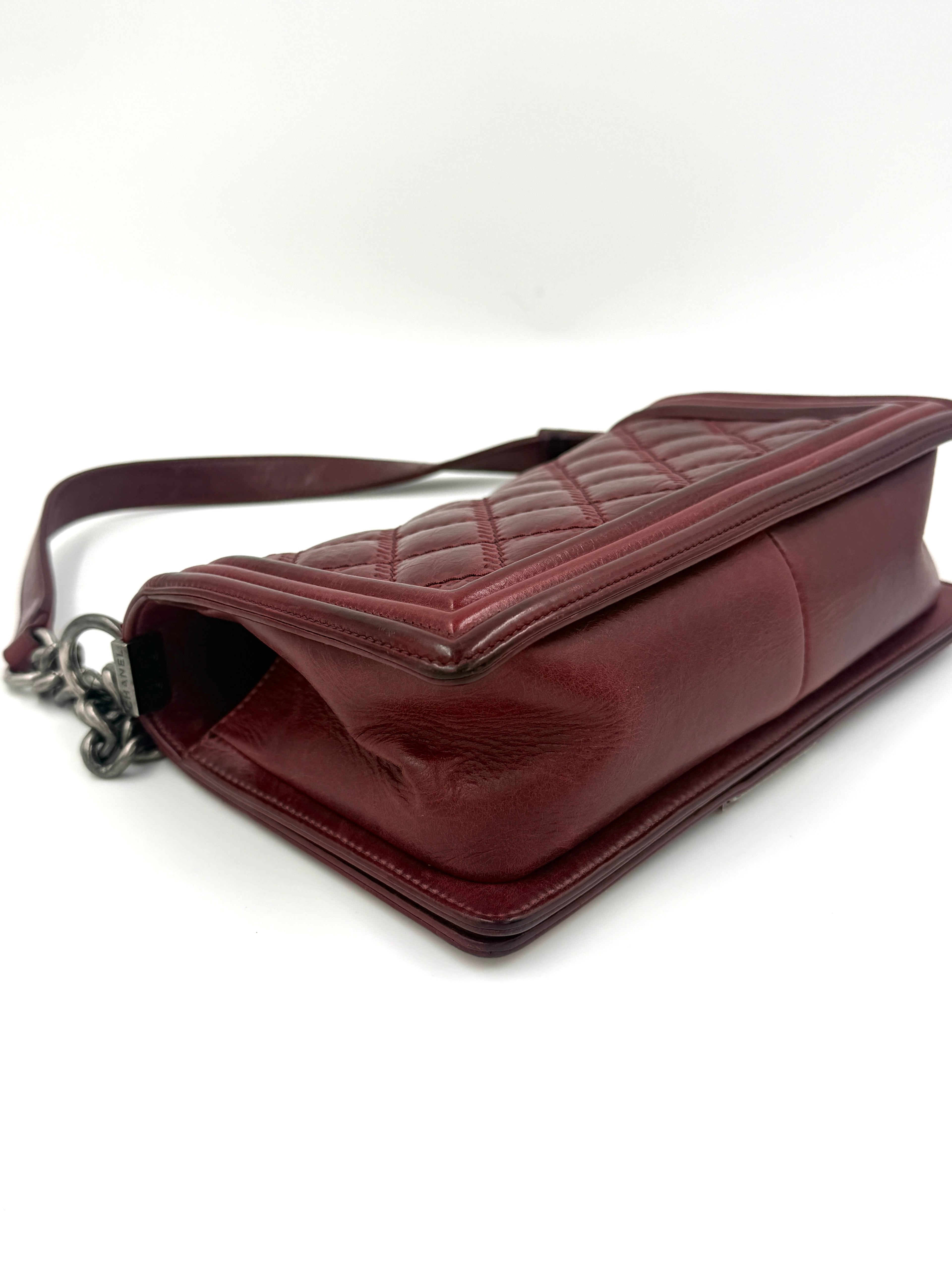 Chanel Boy Bag Old Medium Burgundy Distressed Calfskin Ruthenium Hardware - Pre Owned Authentic