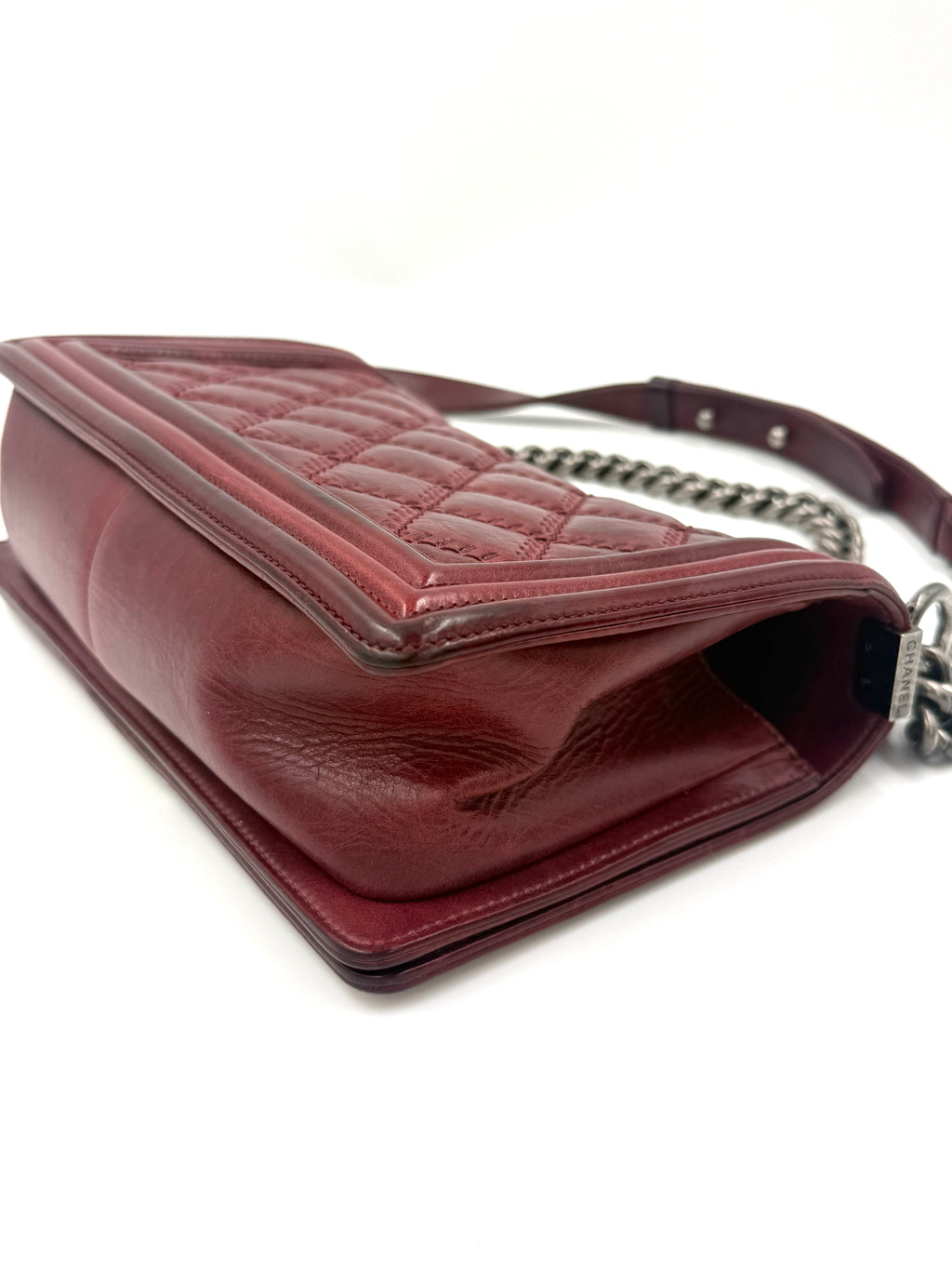 Chanel Boy Bag Old Medium Burgundy Distressed Calfskin Ruthenium Hardware - Pre Owned Authentic