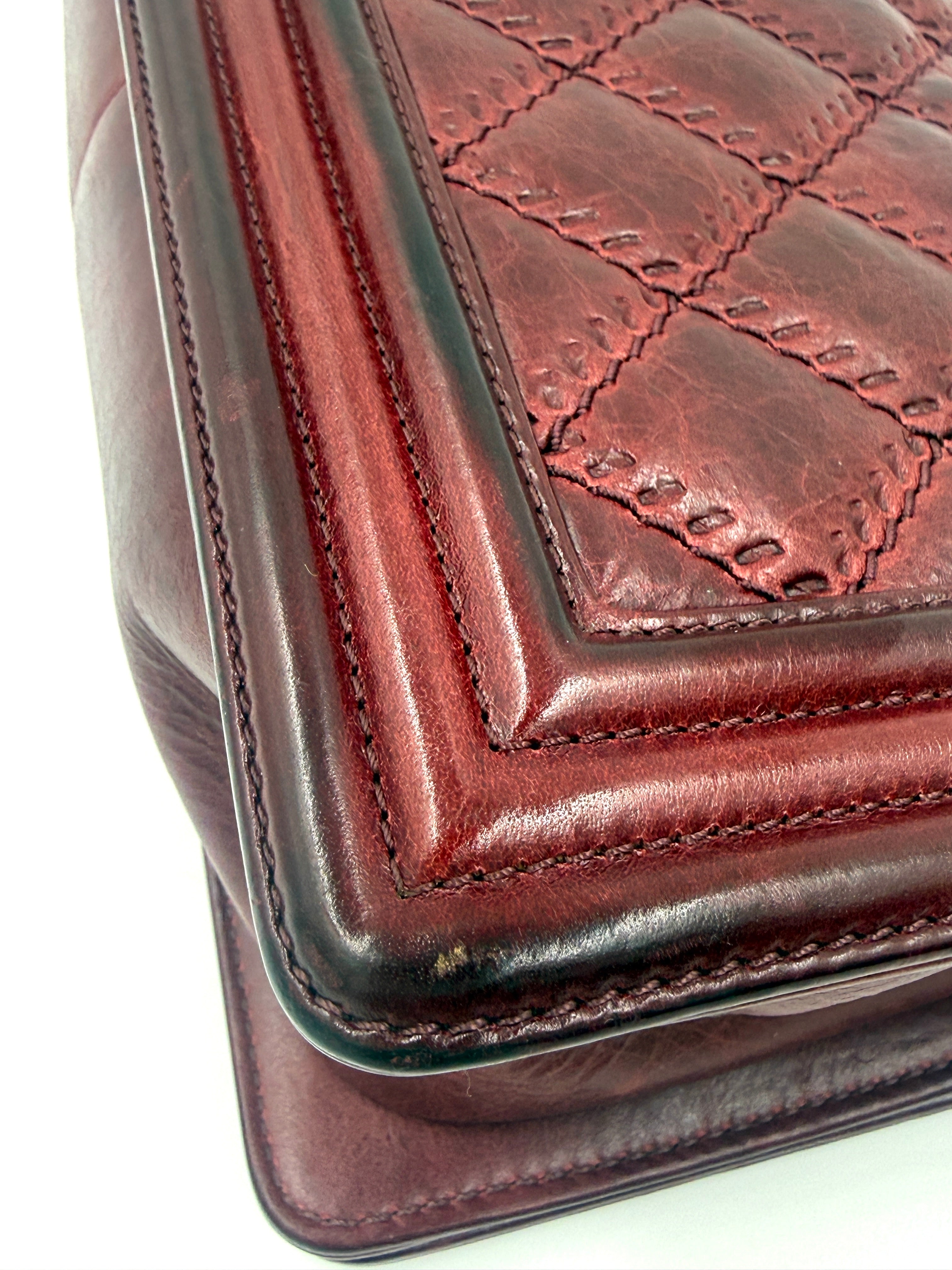 Chanel Boy Bag Old Medium Burgundy Distressed Calfskin Ruthenium Hardware - Pre Owned Authentic