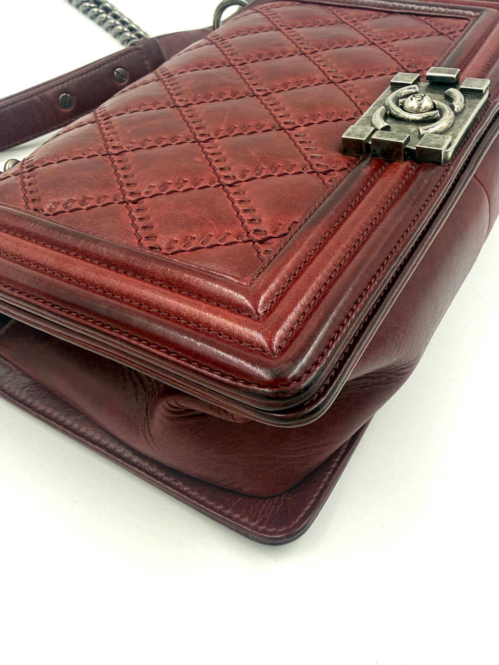 Chanel Boy Bag Old Medium Burgundy Distressed Calfskin Ruthenium Hardware - Pre Owned Authentic