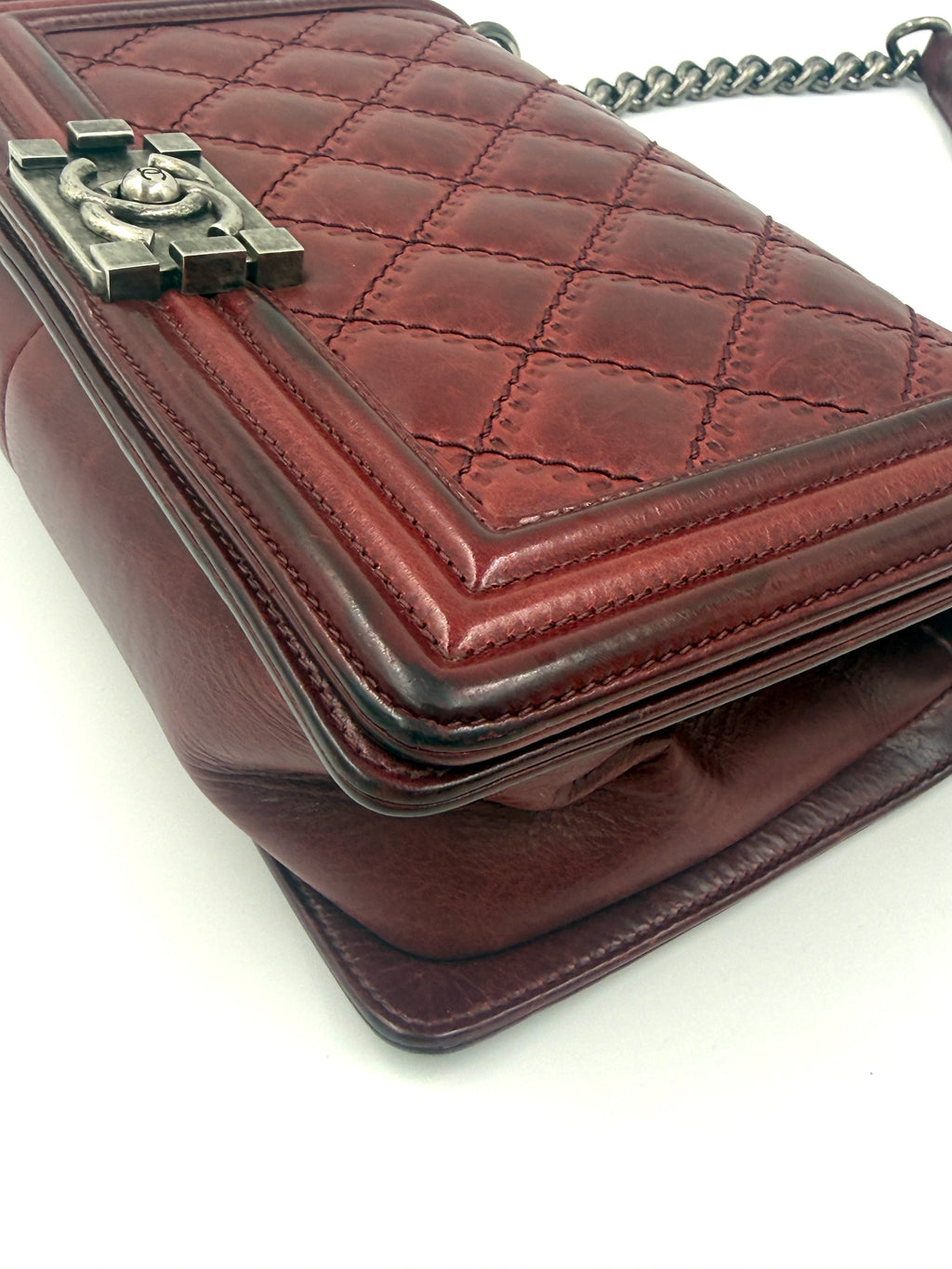 Chanel Boy Bag Old Medium Burgundy Distressed Calfskin Ruthenium Hardware - Pre Owned Authentic