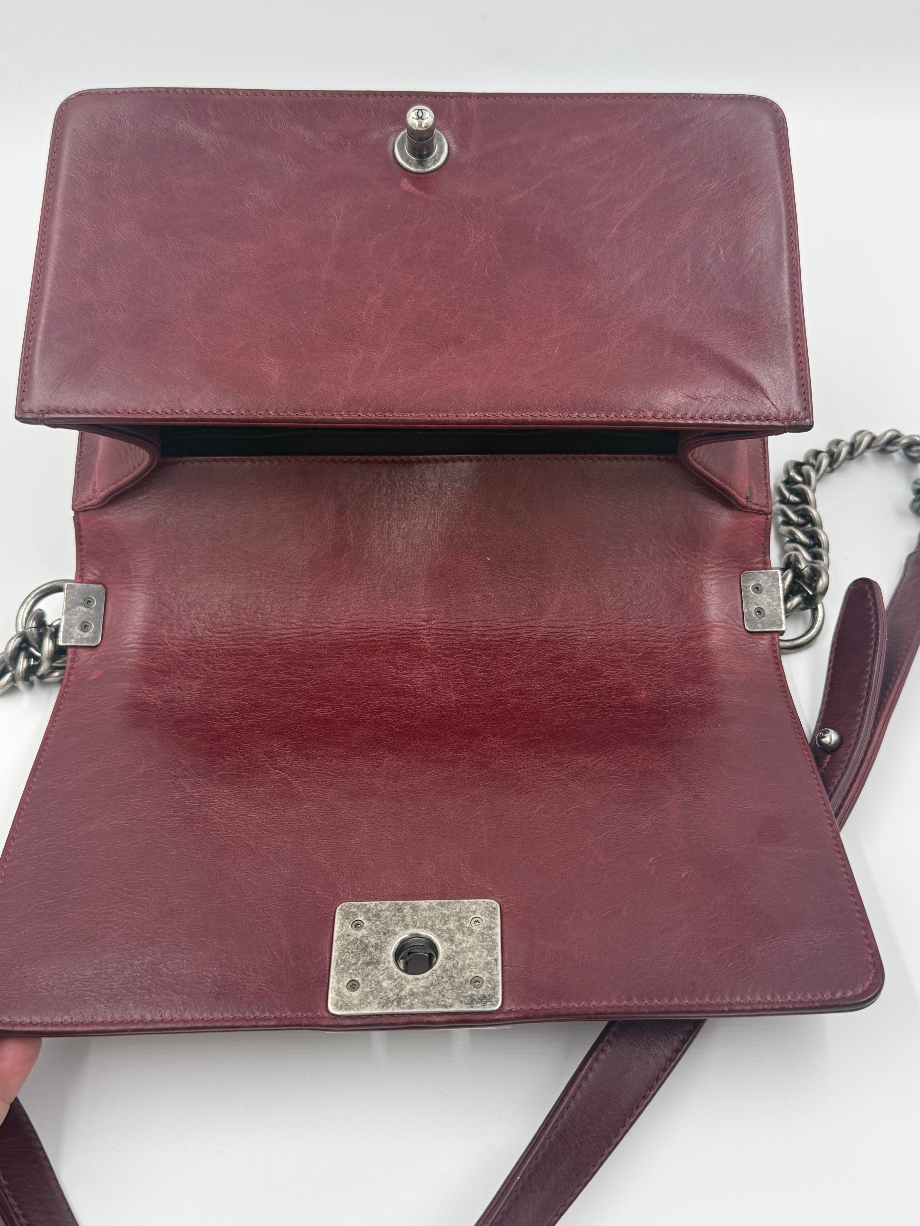 Chanel Boy Bag Old Medium Burgundy Distressed Calfskin Ruthenium Hardware - Pre Owned Authentic