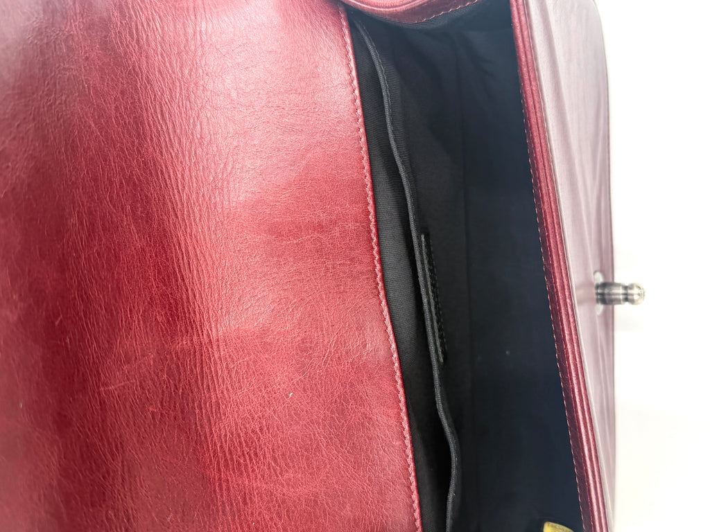 Chanel Boy Bag Old Medium Burgundy Distressed Calfskin Ruthenium Hardware - Pre Owned Authentic