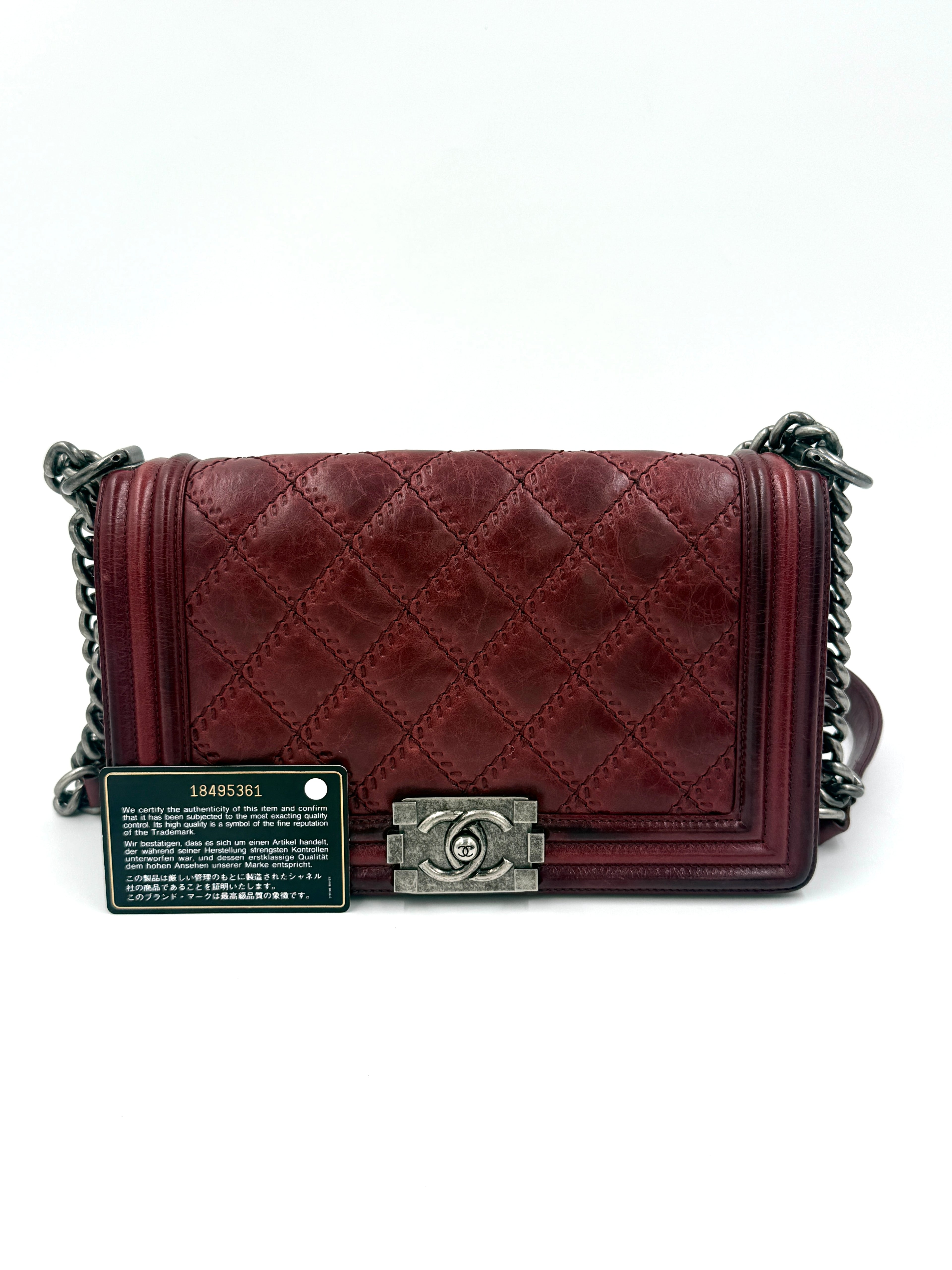 Chanel Boy Bag Old Medium Burgundy Distressed Calfskin Ruthenium Hardware - Pre Owned Authentic