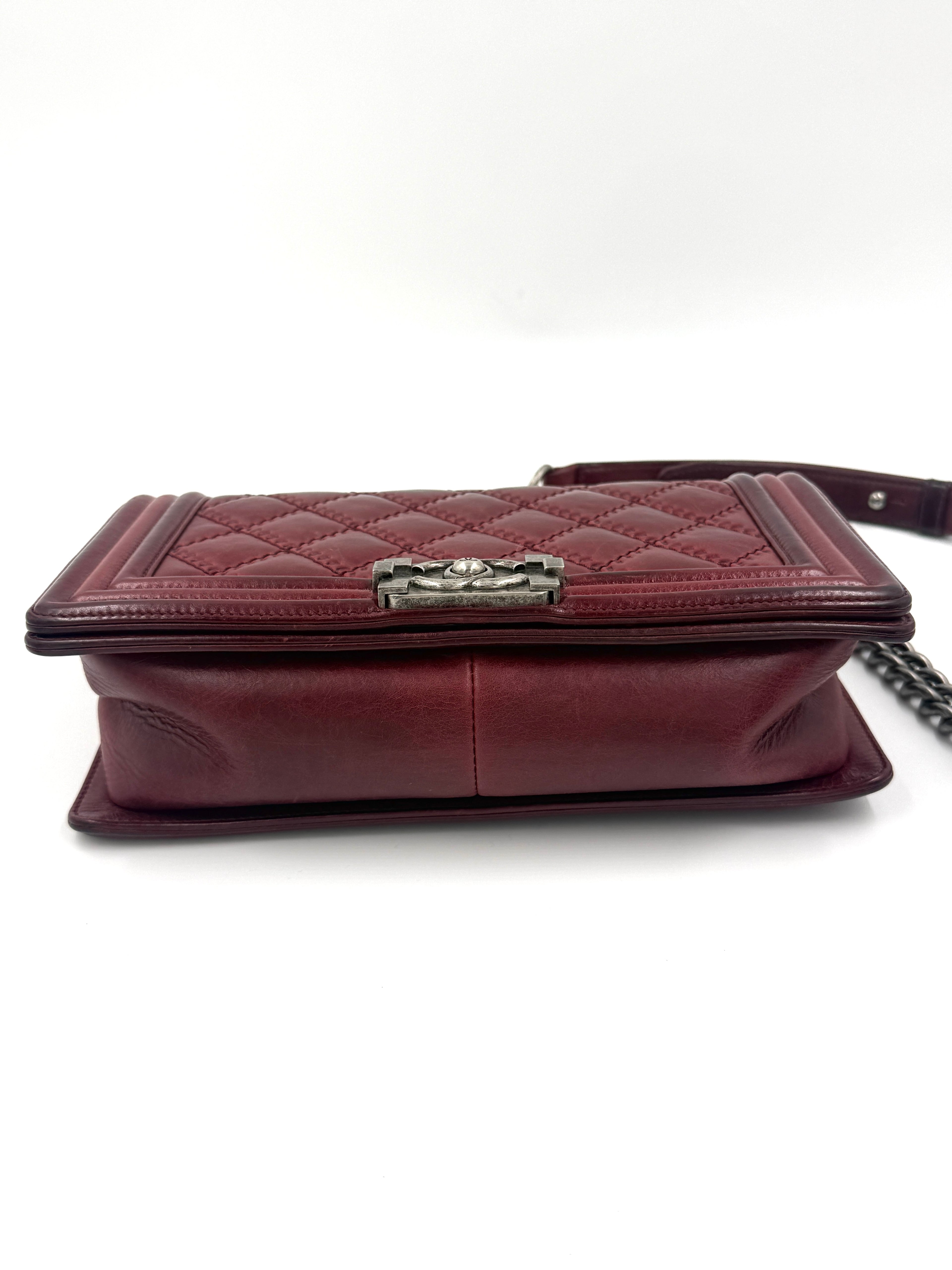 Chanel Boy Bag Old Medium Burgundy Distressed Calfskin Ruthenium Hardware - Pre Owned Authentic