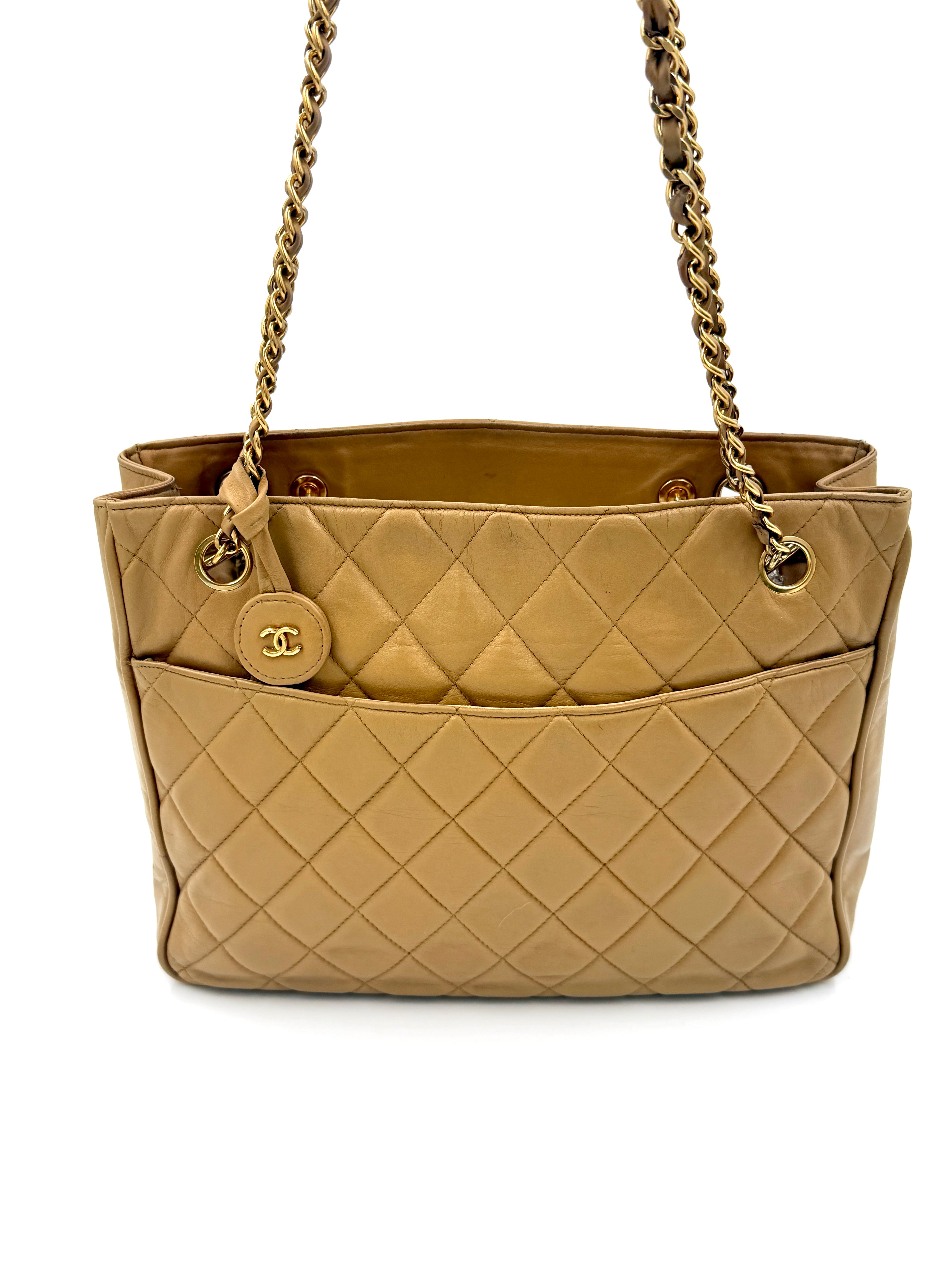 Chanel Vintage Beige Matelasse Shopper with Gold Hardware Pre Owned Authentic