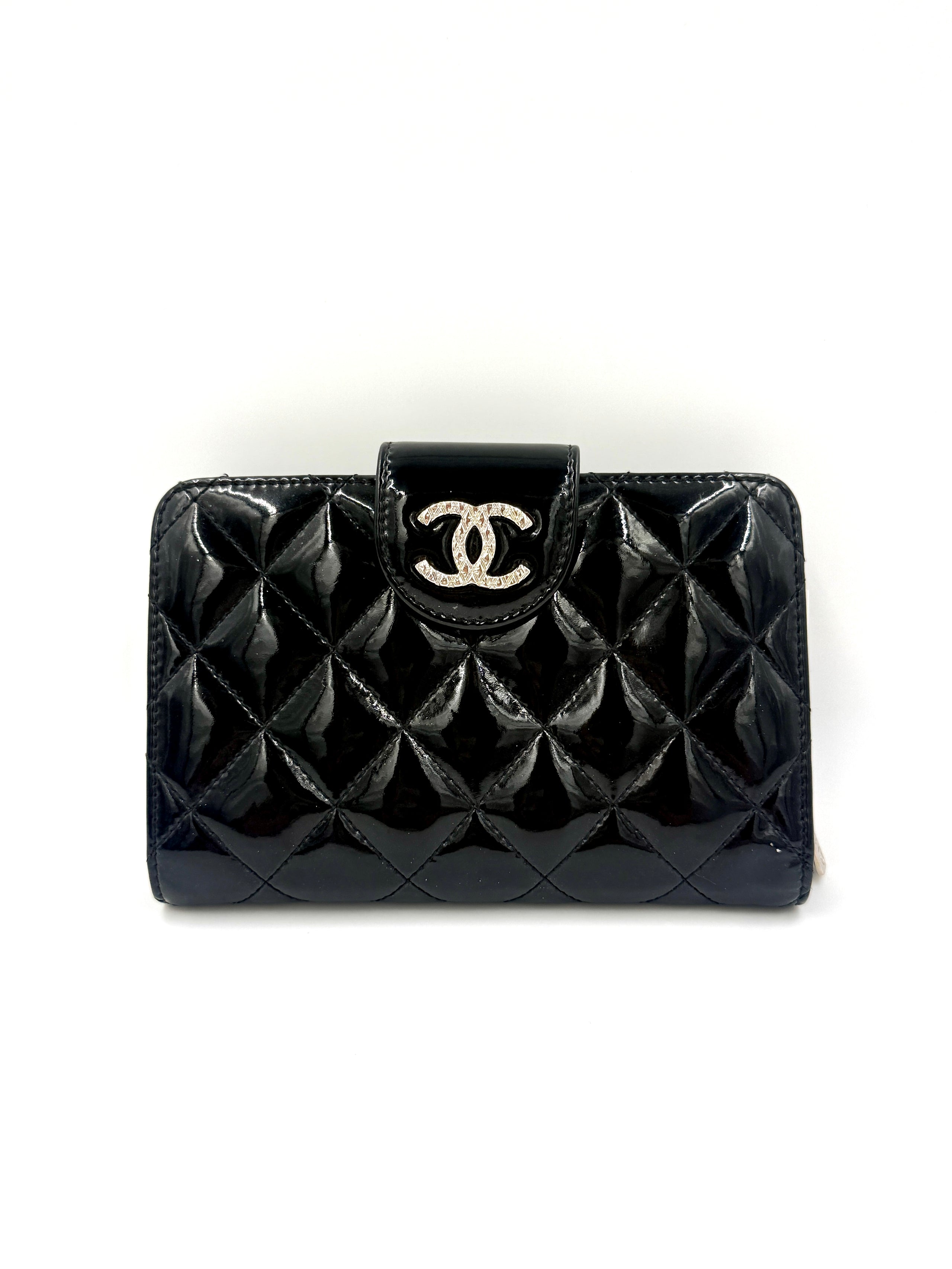 Chanel Black Patent Leather Wallet with Silver Hardware - Pre Owned Authentic