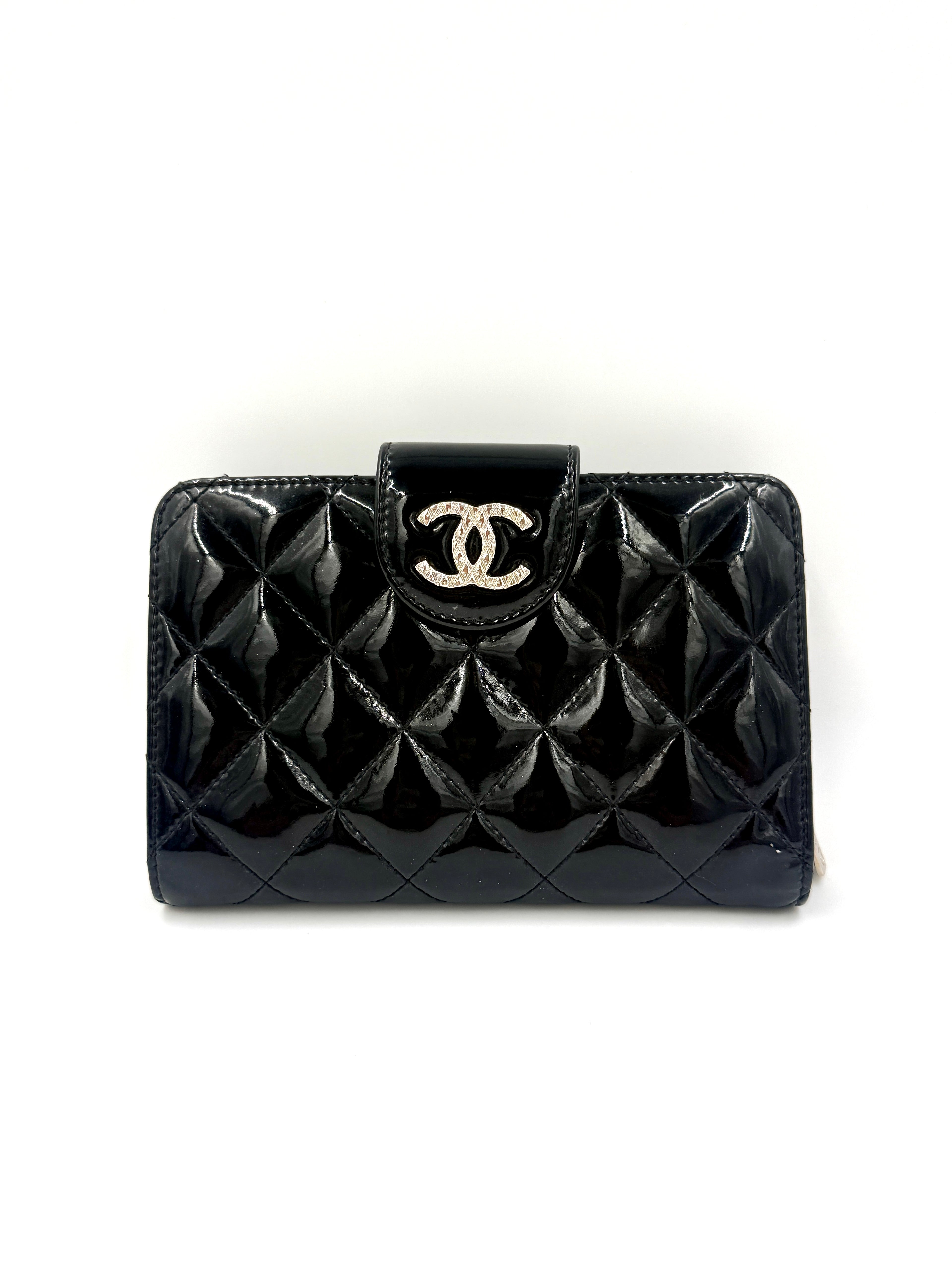 Chanel Black Patent Leather Wallet with Silver Hardware - Pre Owned Authentic