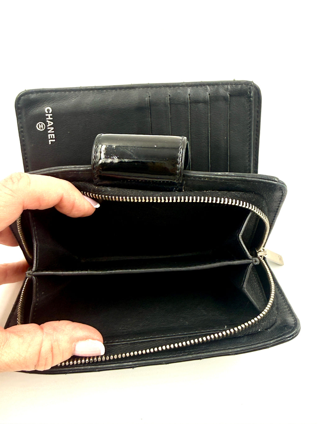 Chanel Black Patent Leather Wallet with Silver Hardware - Pre Owned Authentic