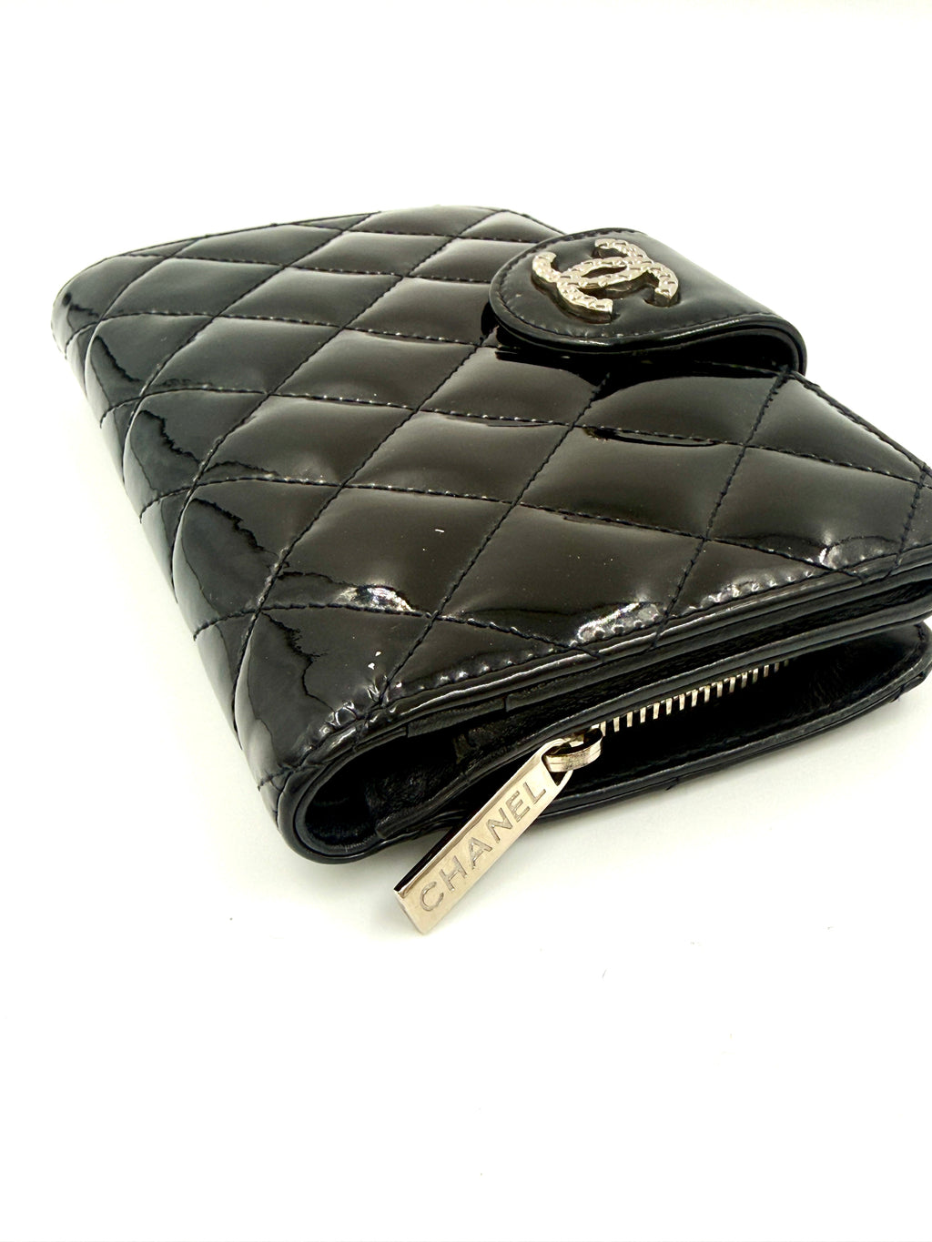 Chanel Black Patent Leather Wallet with Silver Hardware - Pre Owned Authentic