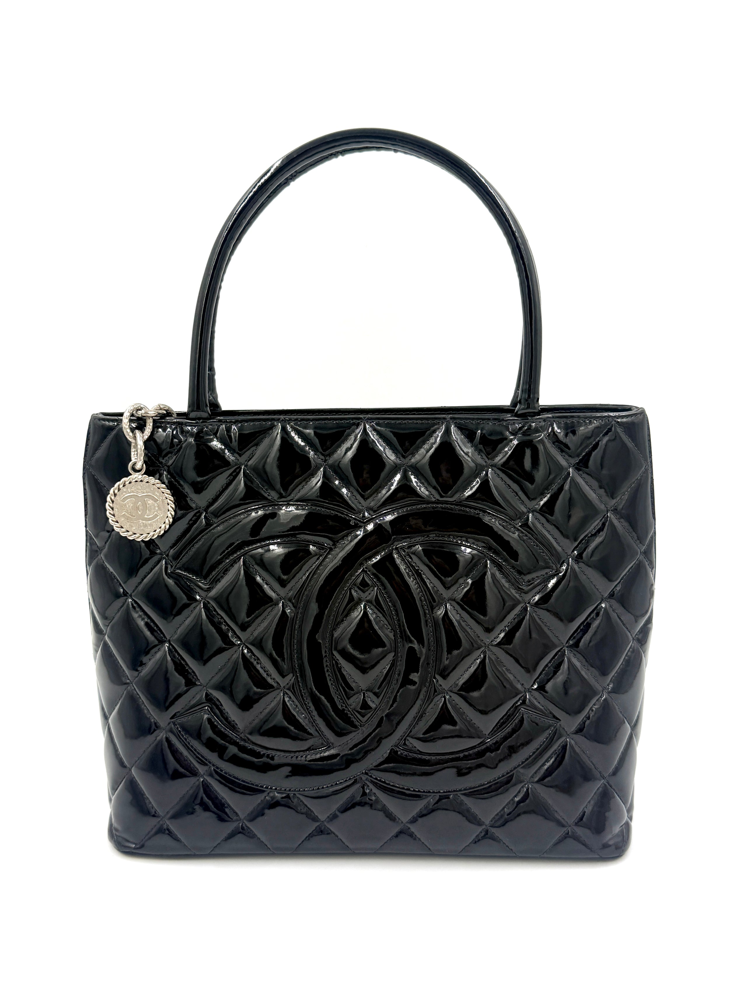 Chanel Black Quilted Patent Leather Medallion Tote Bag with Silver Hardware - Pre Owned Authentic