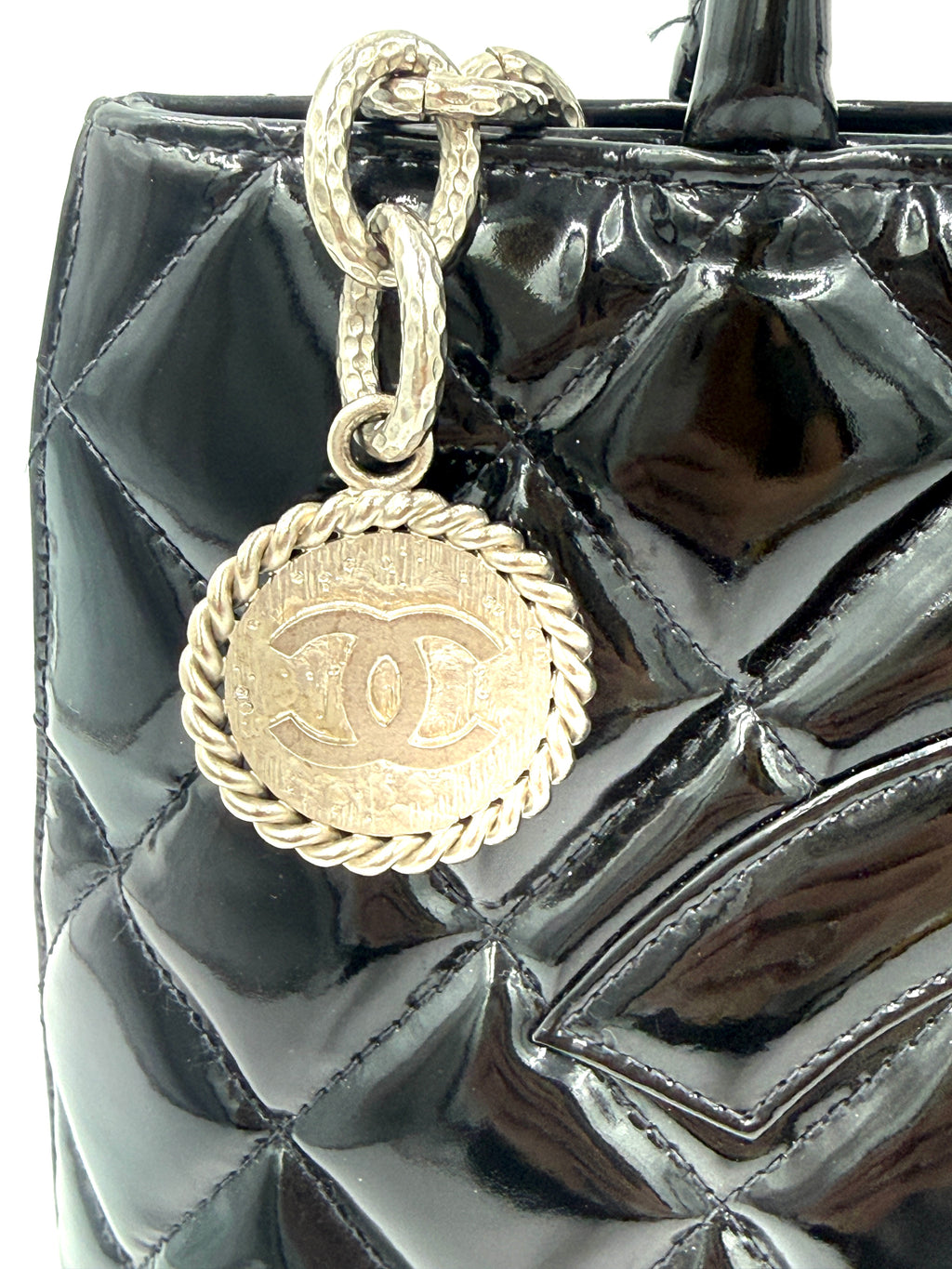 Chanel Black Quilted Patent Leather Medallion Tote Bag with Silver Hardware - Pre Owned Authentic