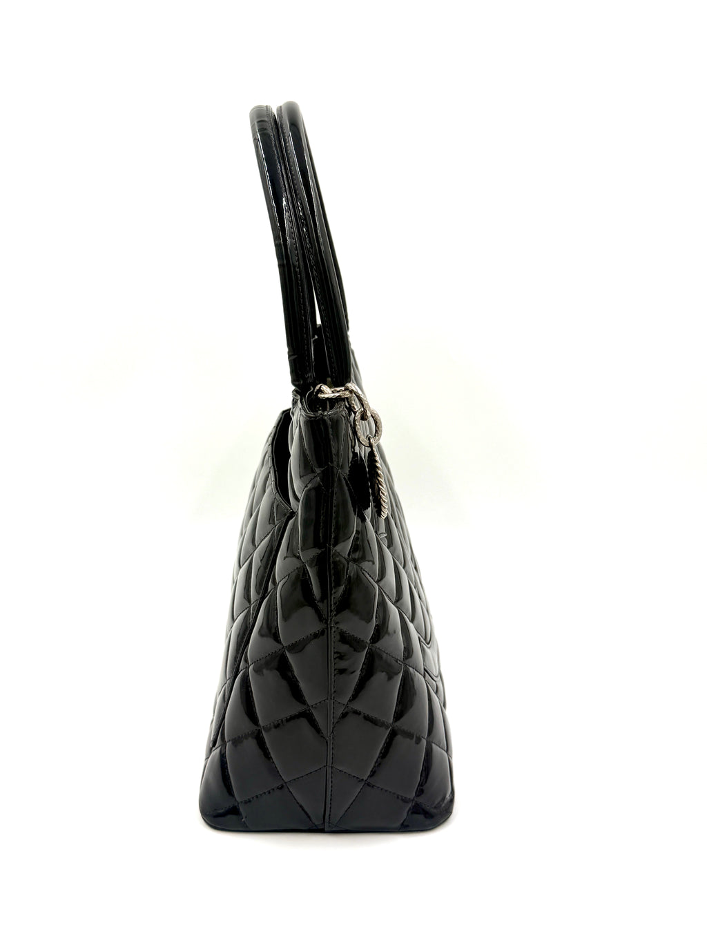 Chanel Black Quilted Patent Leather Medallion Tote Bag with Silver Hardware - Pre Owned Authentic