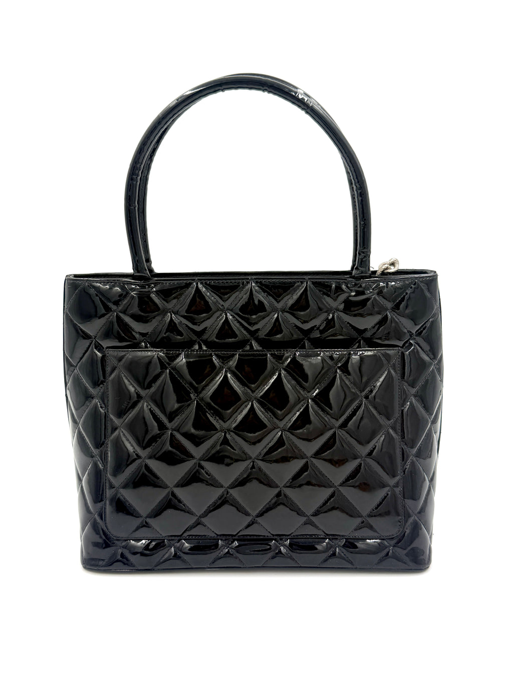 Chanel Black Quilted Patent Leather Medallion Tote Bag with Silver Hardware - Pre Owned Authentic